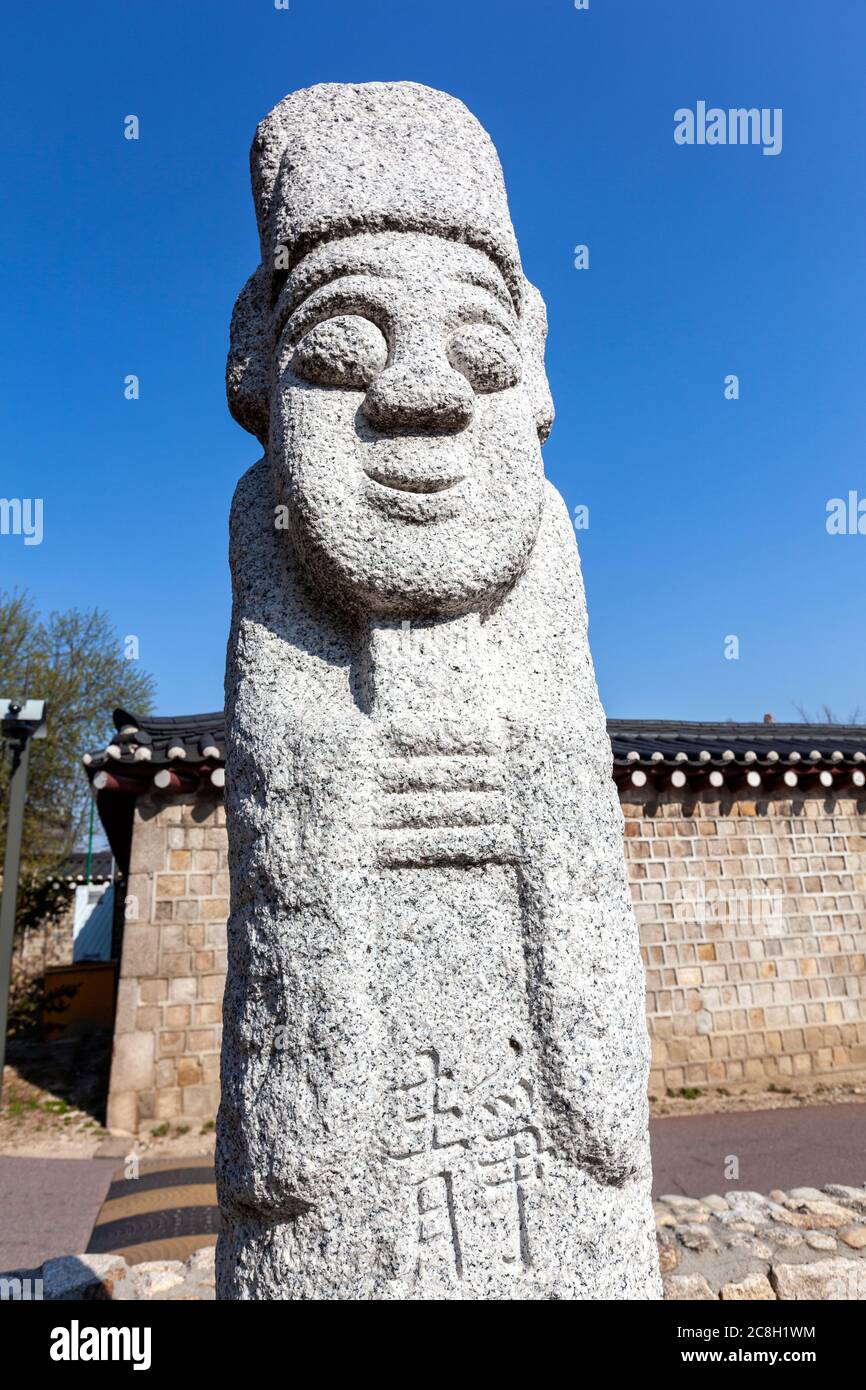 Typical Dol hareubang stone carved figures in National Folk Museum of