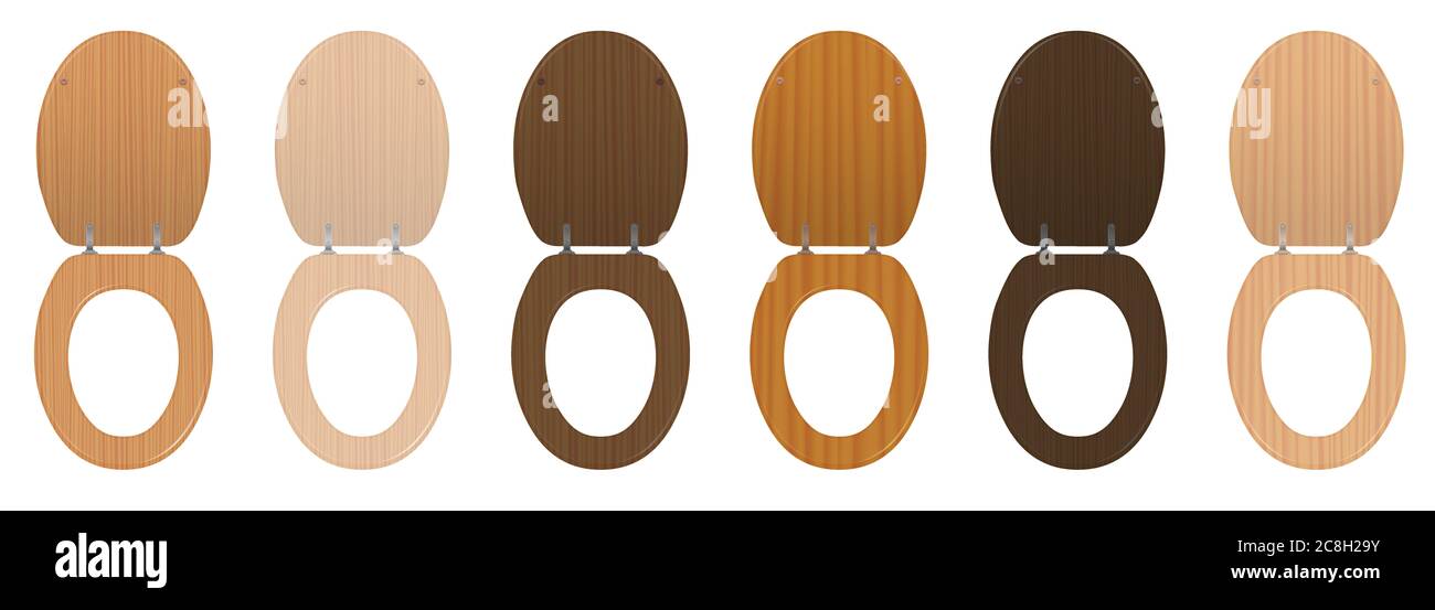 Wooden toilet seats. Collection of different textured open lavatory lids from various trees - elegant rustic dark and light samples. Stock Photo