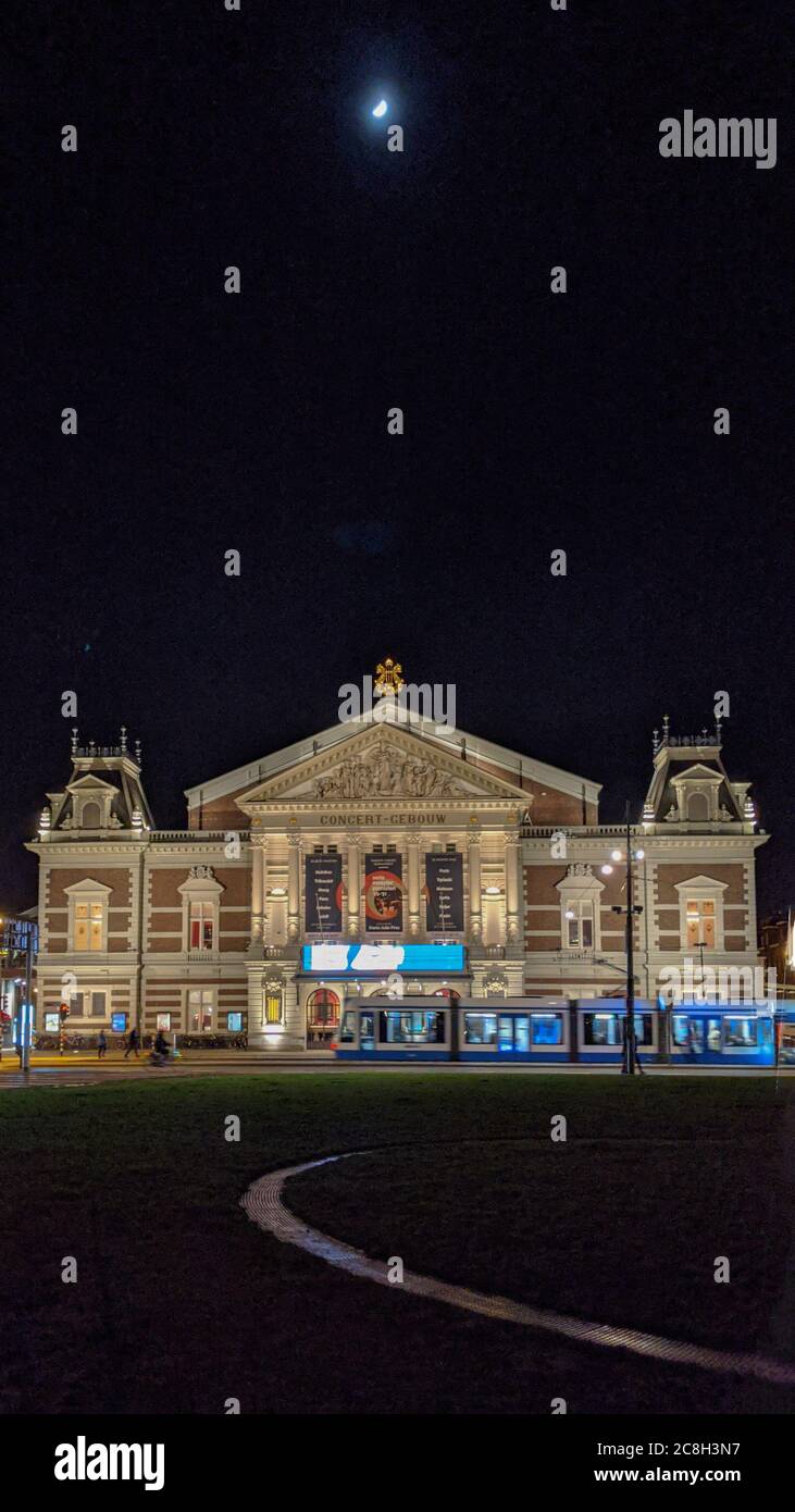 Moonlight view of  the Royal Concertgebouw concert hall, Amsterdam, Netherlands. Stock Photo
