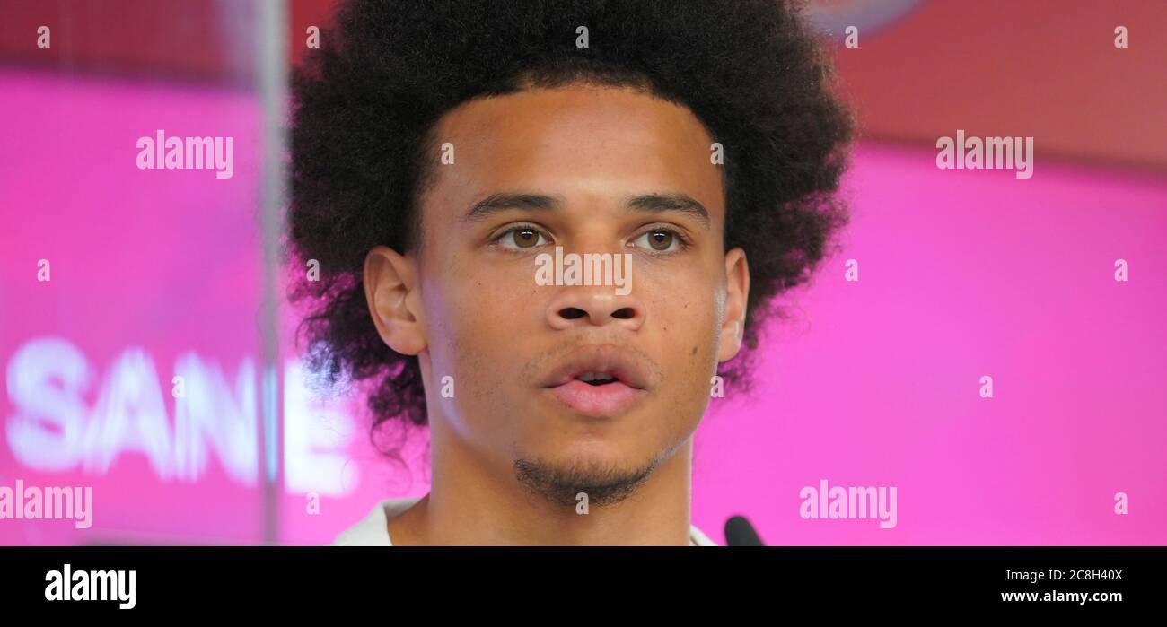 Munich, Germany, July 23, 2020.  at the FC Bayern Munich football club press conference and presentation of the new player Leroy SANE, FCB 10  Photographer: Peter Schatz Stock Photo