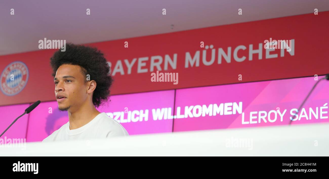 Munich, Germany, July 23, 2020.  FC Bayern Munich football club press conference and presentation of the new player Leroy SANE, FCB 10  Photographer: Peter Schatz Stock Photo