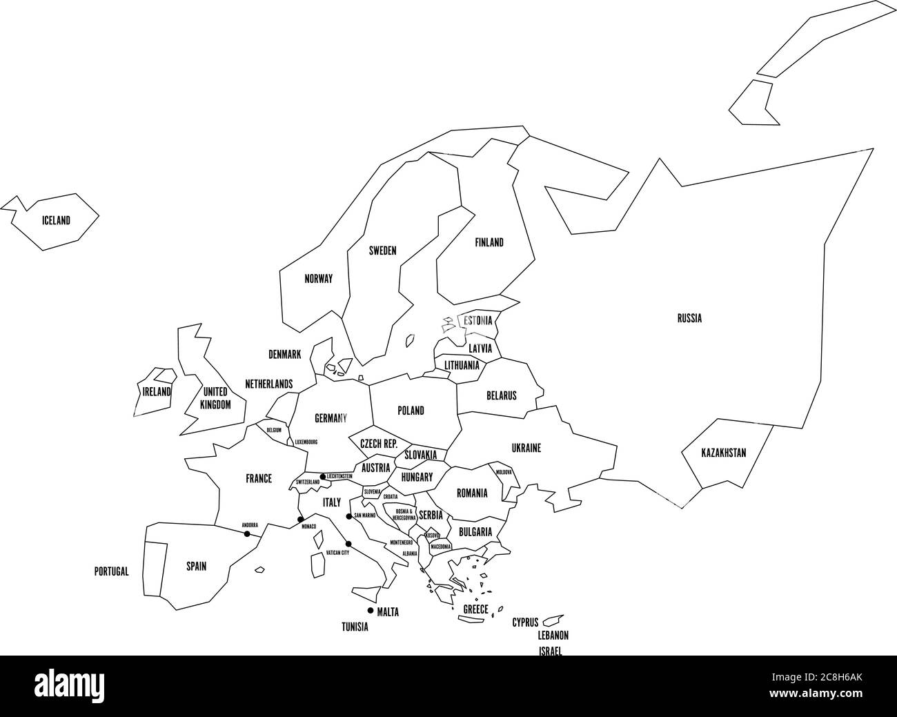 Political map of Europe. Simplified thin black wireframe outline with national borders and country name labels. Vector illustration. Stock Vector