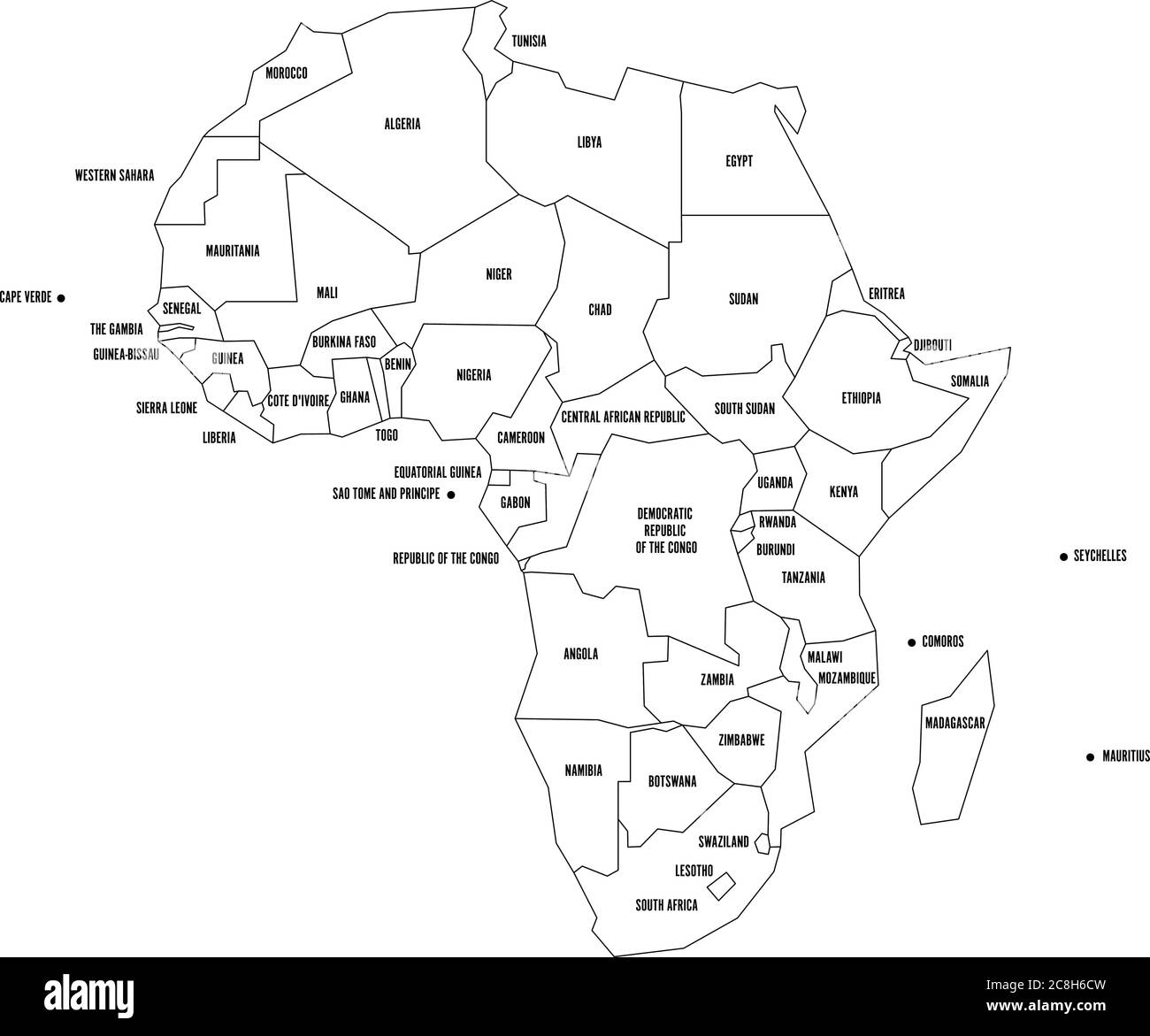 Political map of Africa. Simplified thin black wireframe outline with national borders and country name labels. Vector illustration. Stock Vector