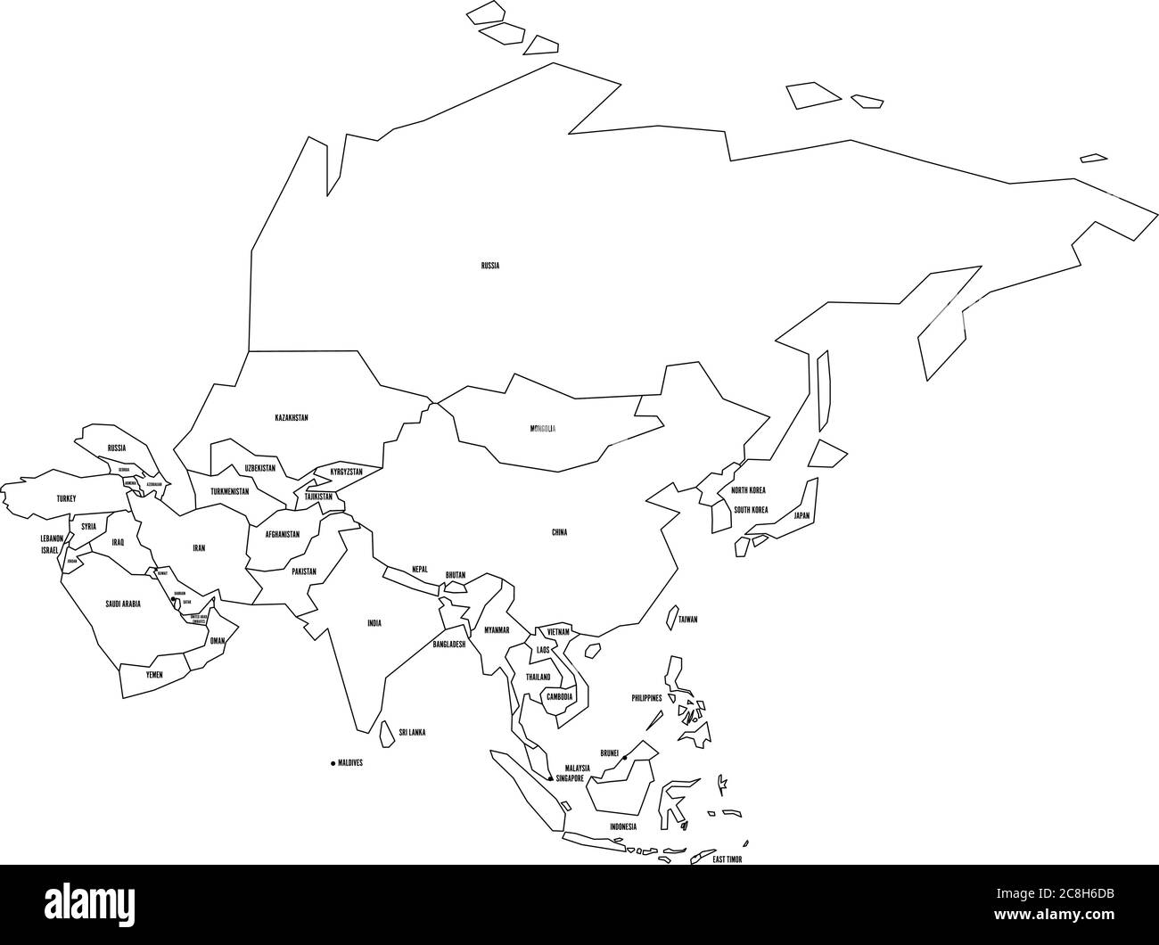 Political map of Asia. Simplified thin black wireframe outline with national borders and country name labels. Vector illustration. Stock Vector