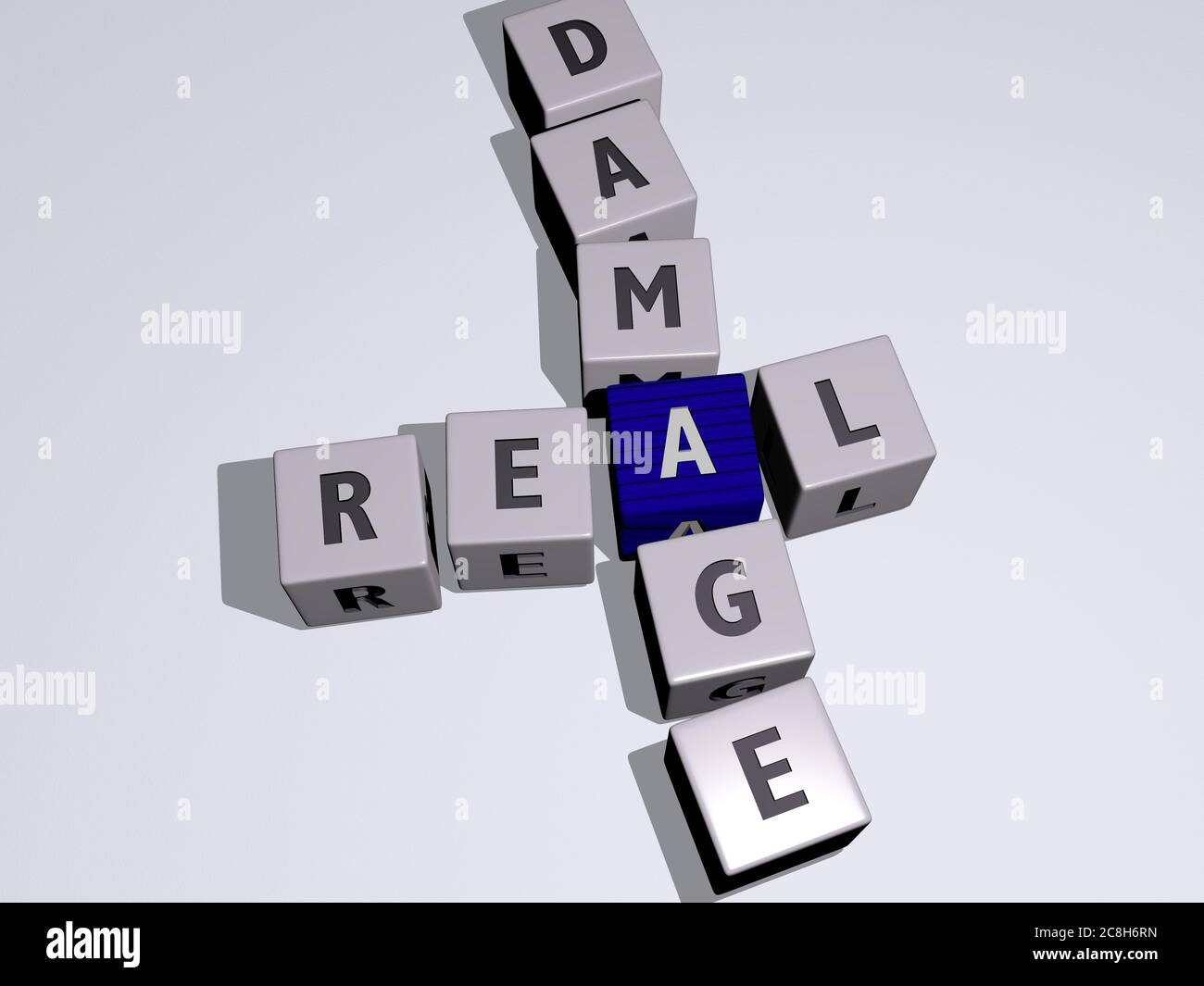 crosswords of real damage arranged by cubic letters on a mirror floor, concept meaning and presentation. estate and house. 3D illustration Stock Photo