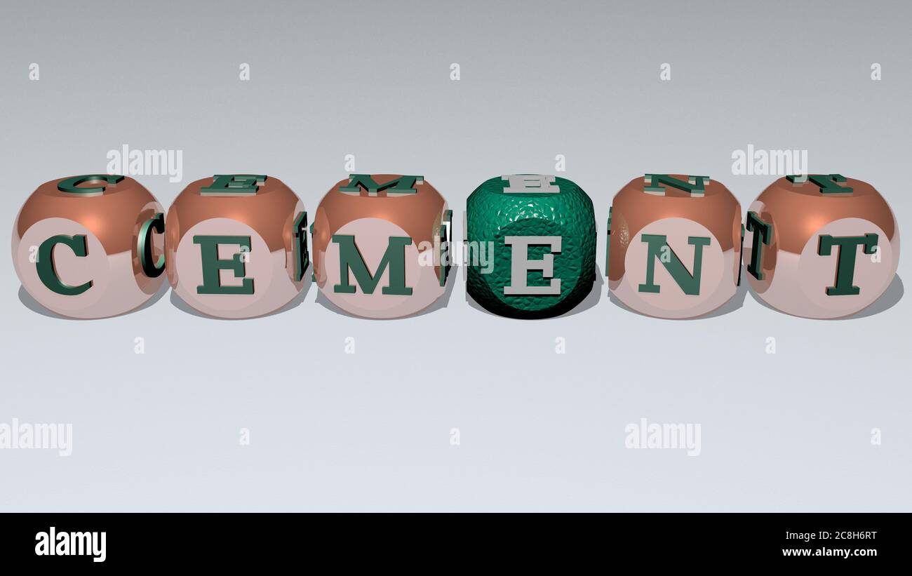 crosswords of CEMENT arranged by cubic letters on a mirror floor