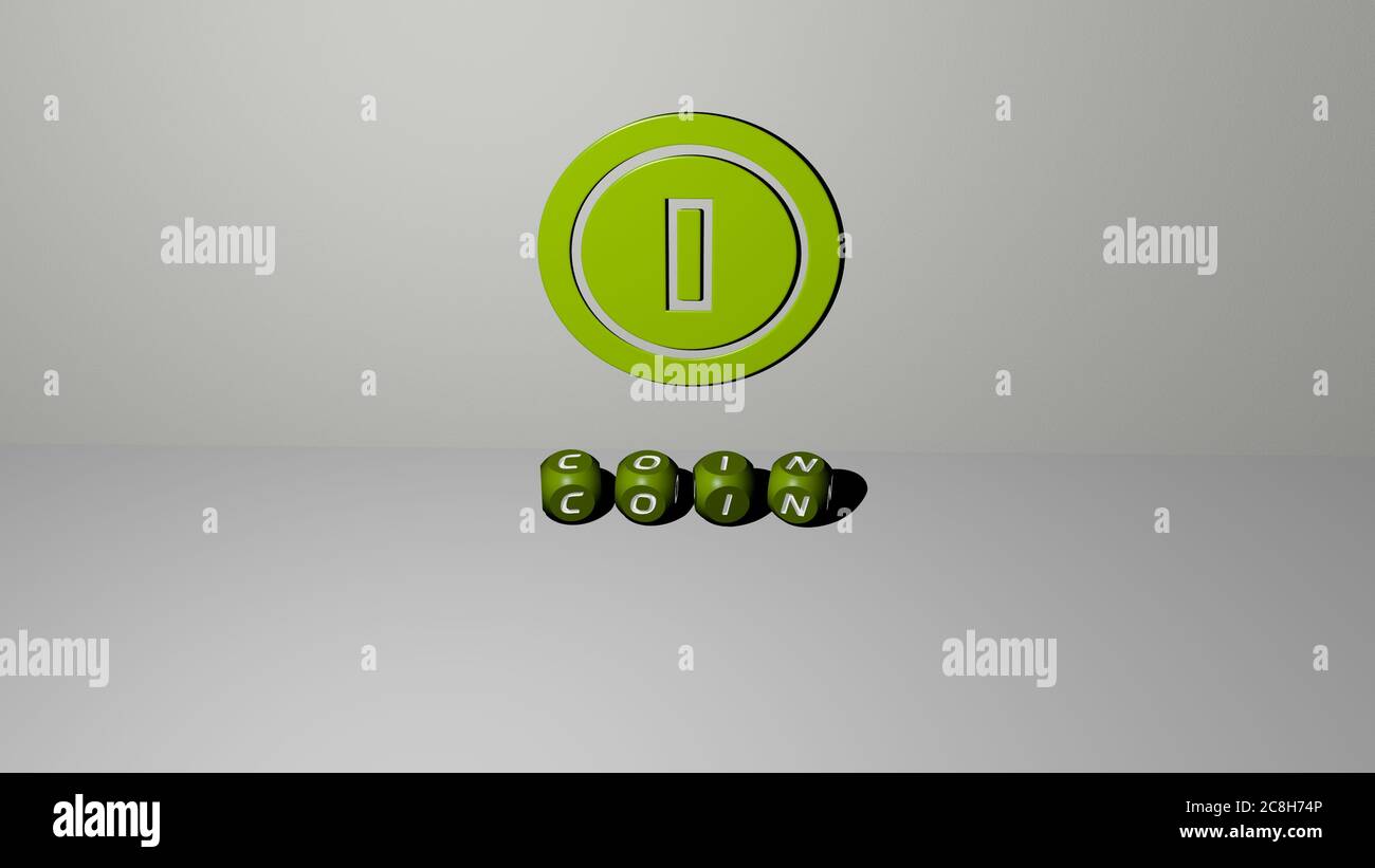 Cubic Coin 3D graphical image of coin vertically along with text built by metallic ...