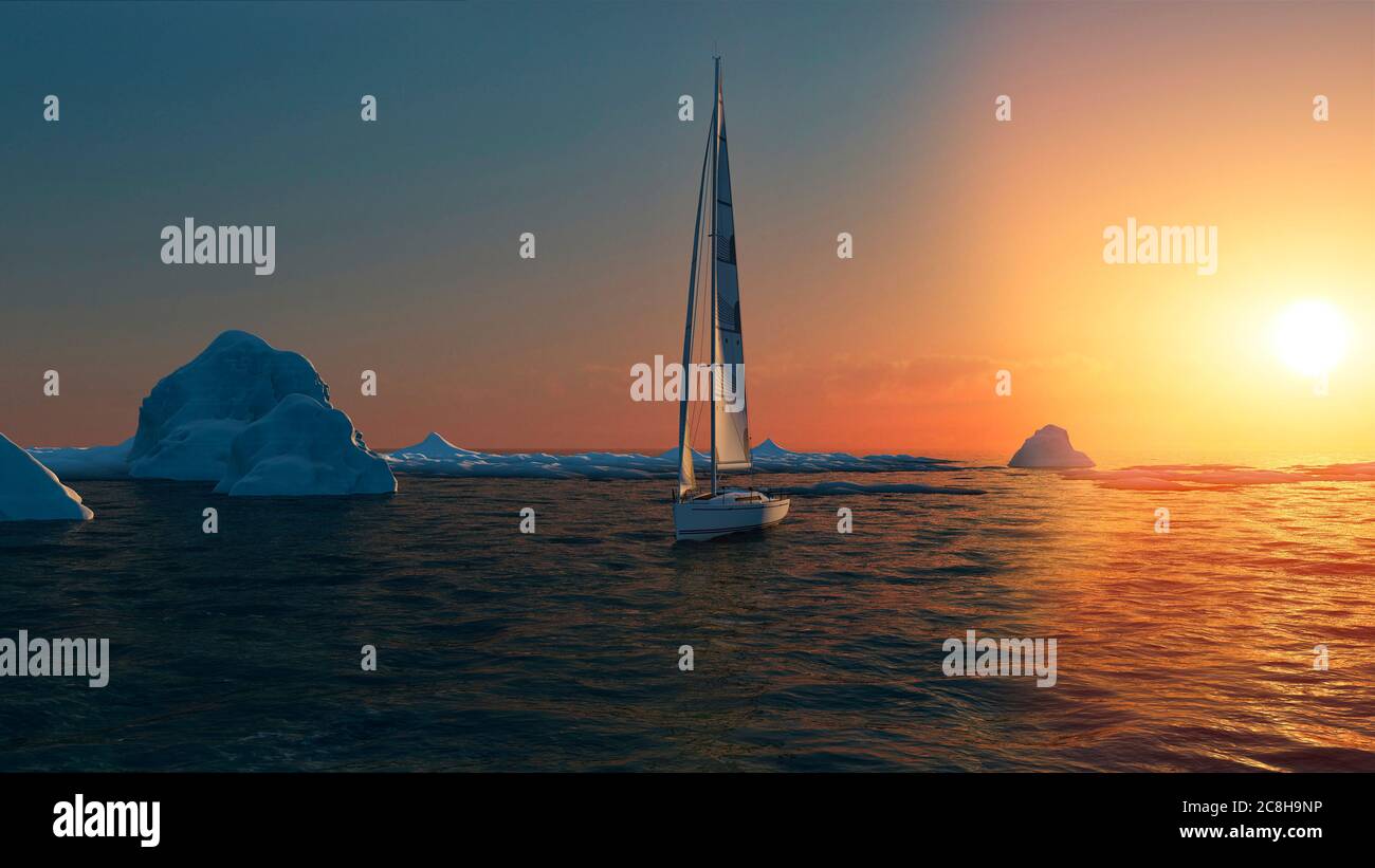 Ice melting, climate change. Sailboat sailing in the Antarctic Ocean. Arctic sea, drifting iceberg. Global warming. Sunset. 3d render Stock Photo