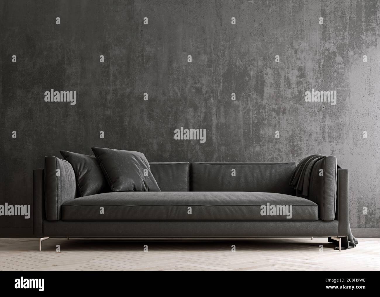 Black charcoal mockup wall with black velvet sofa and pillows, modern