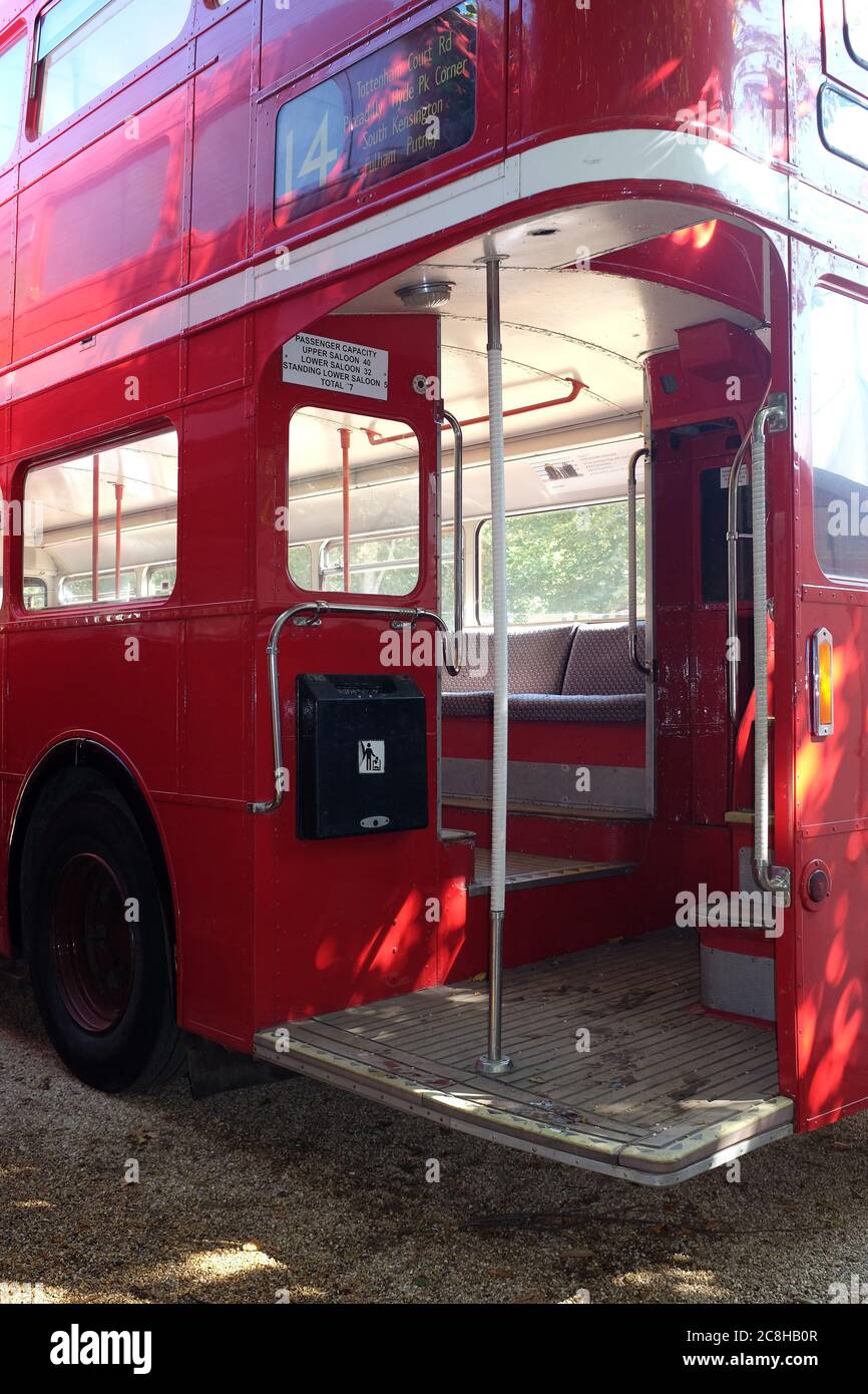 September 2019 - Rear open platform of a London double decker bus at The Goodwood Revival Stock Photo