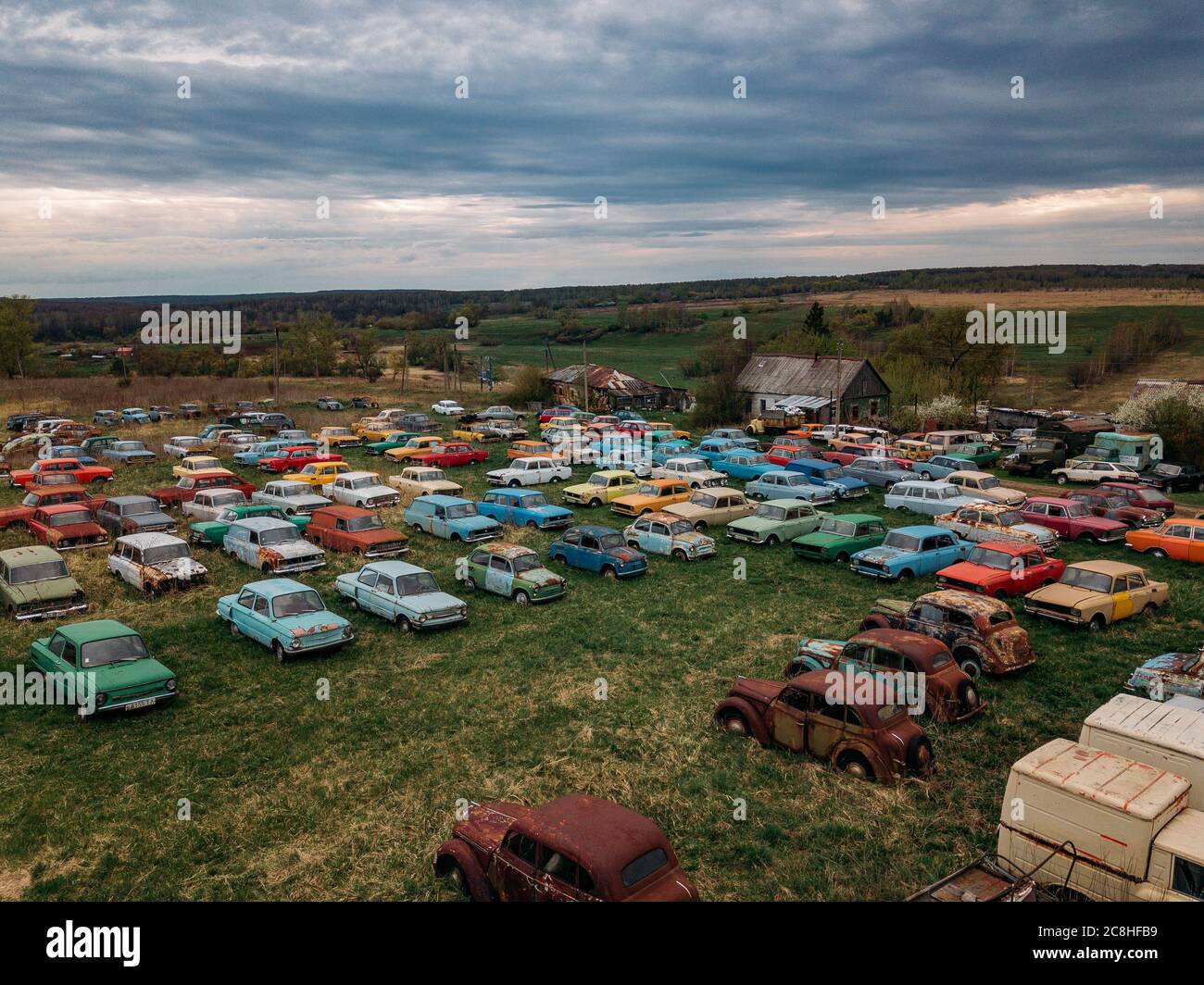 Old rusty abandoned retro cars, aerial view, Tula region, Chernousovo Stock Photo