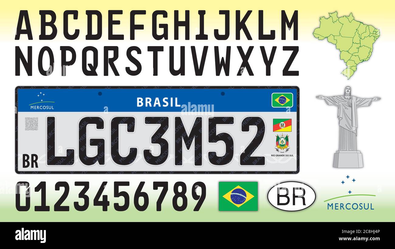 Brazil car license plate template with symbol, letters and numbers, mercosur serie, vector illustration Stock Vector