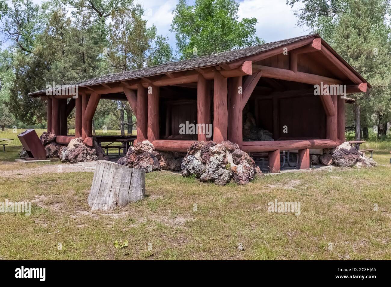 Juniper Picnic Shelter built by the CCC in Theodore Roosevelt National Park, North Unit, in North Dakota, USA Stock Photo