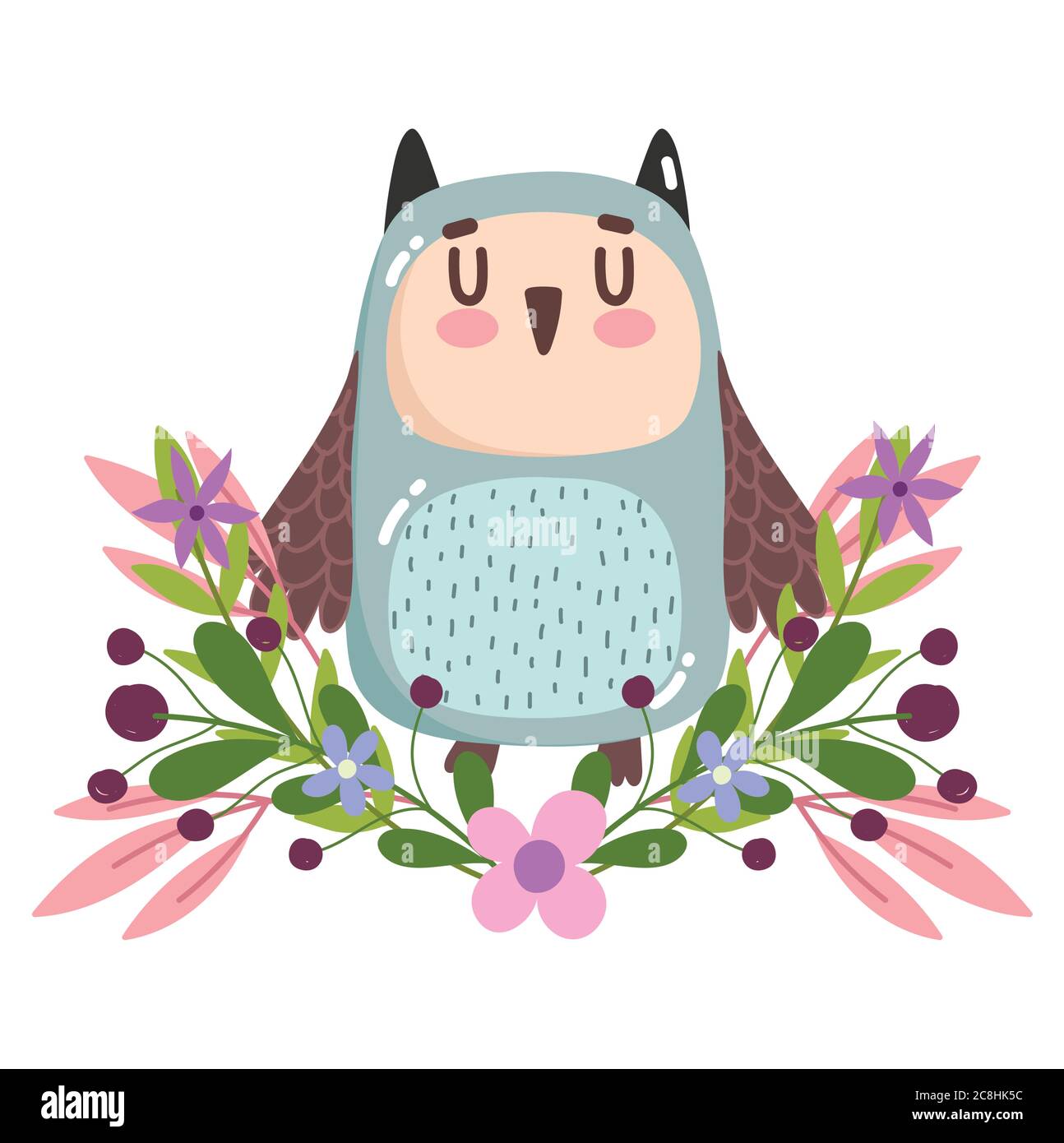 cute owl bird animal flowers foliage nature decoration cartoon vector ...
