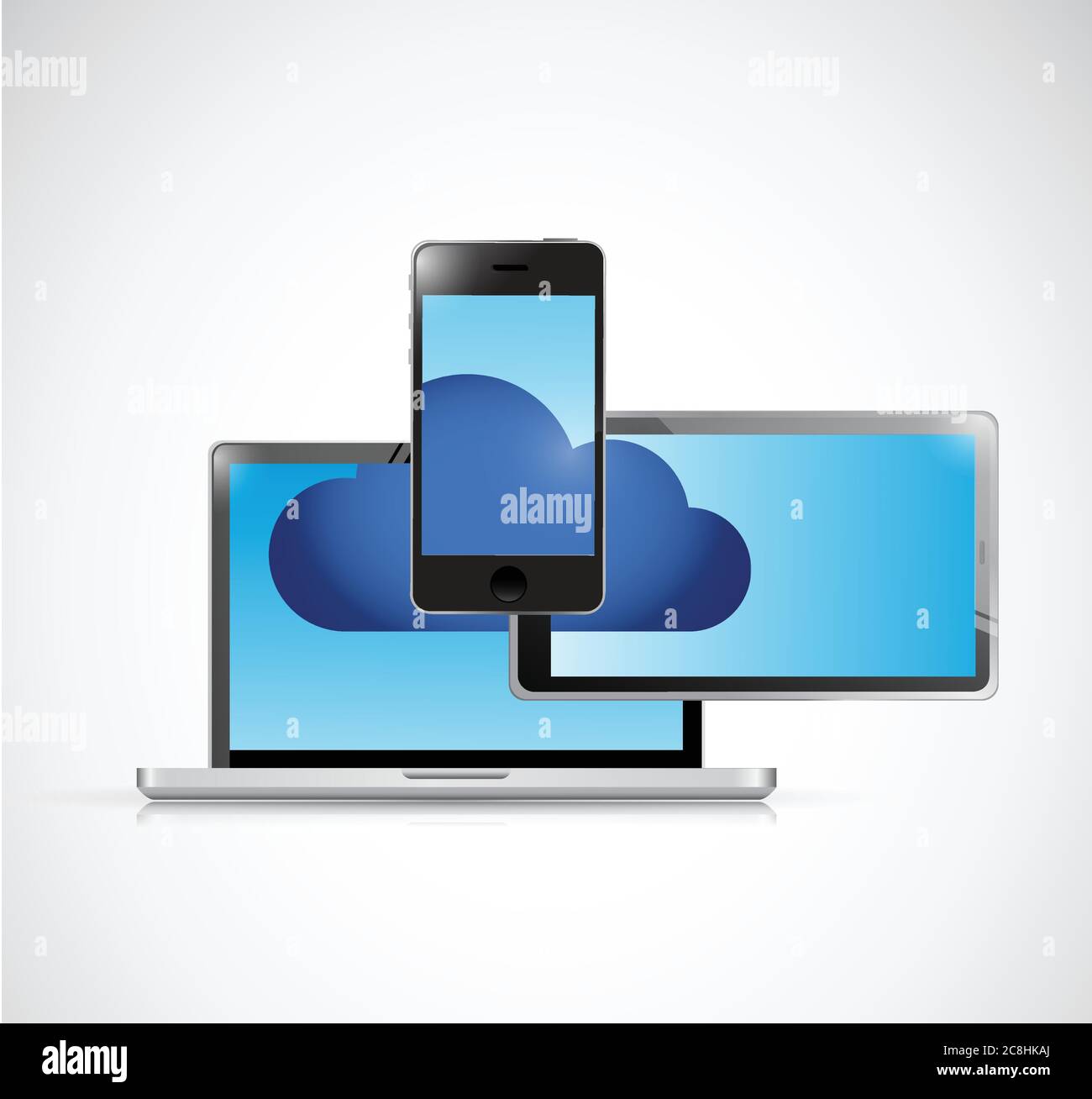 Cloud computing and electronics illustration design over a white ...