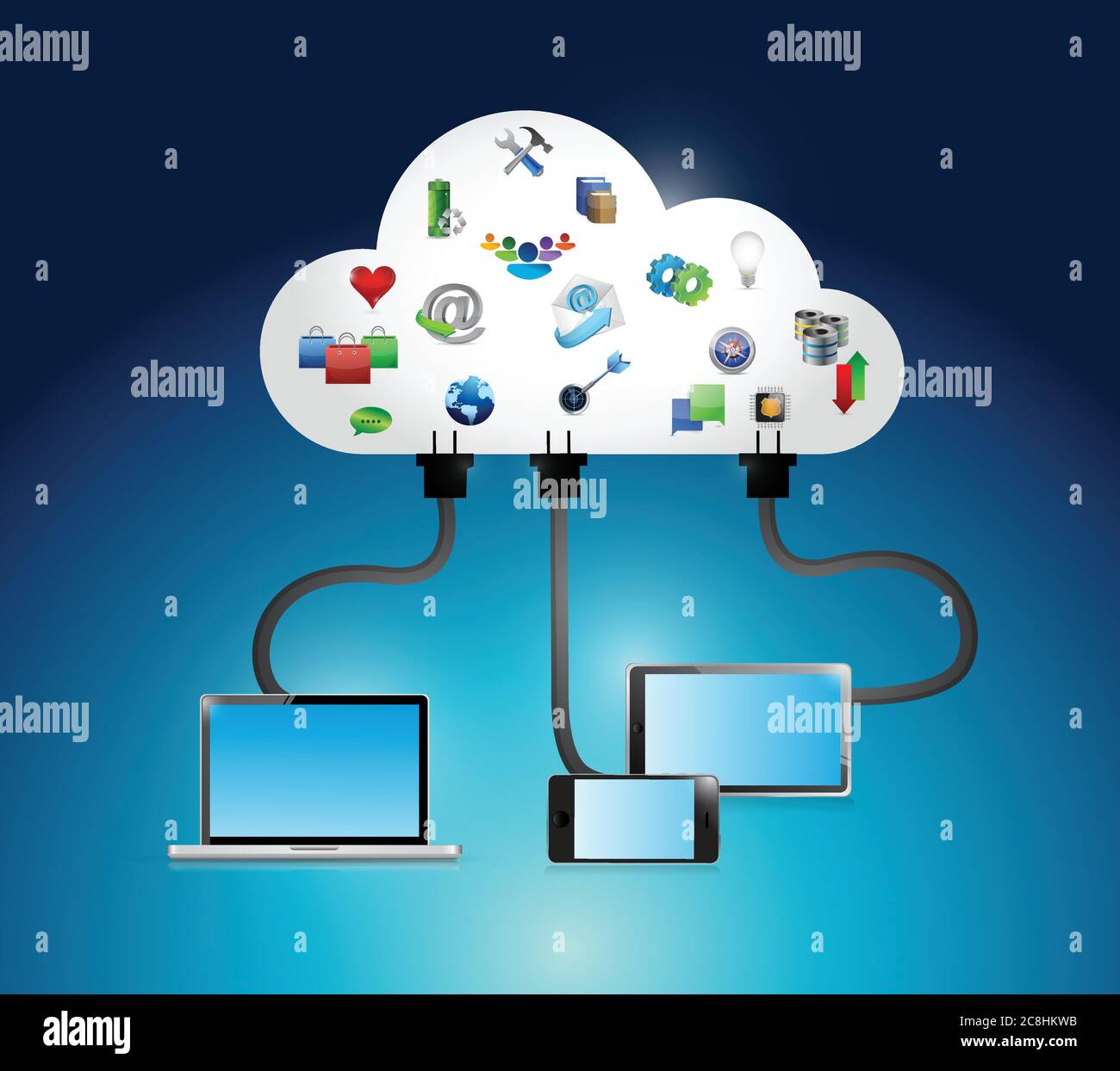 Cloud computing connection icons and electronics. illustration design over a blue background Stock Vector