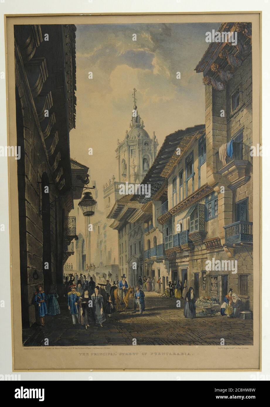old antique colored engraving of main street of Fuenterrabia,Hondarribia, Spain Stock Photo