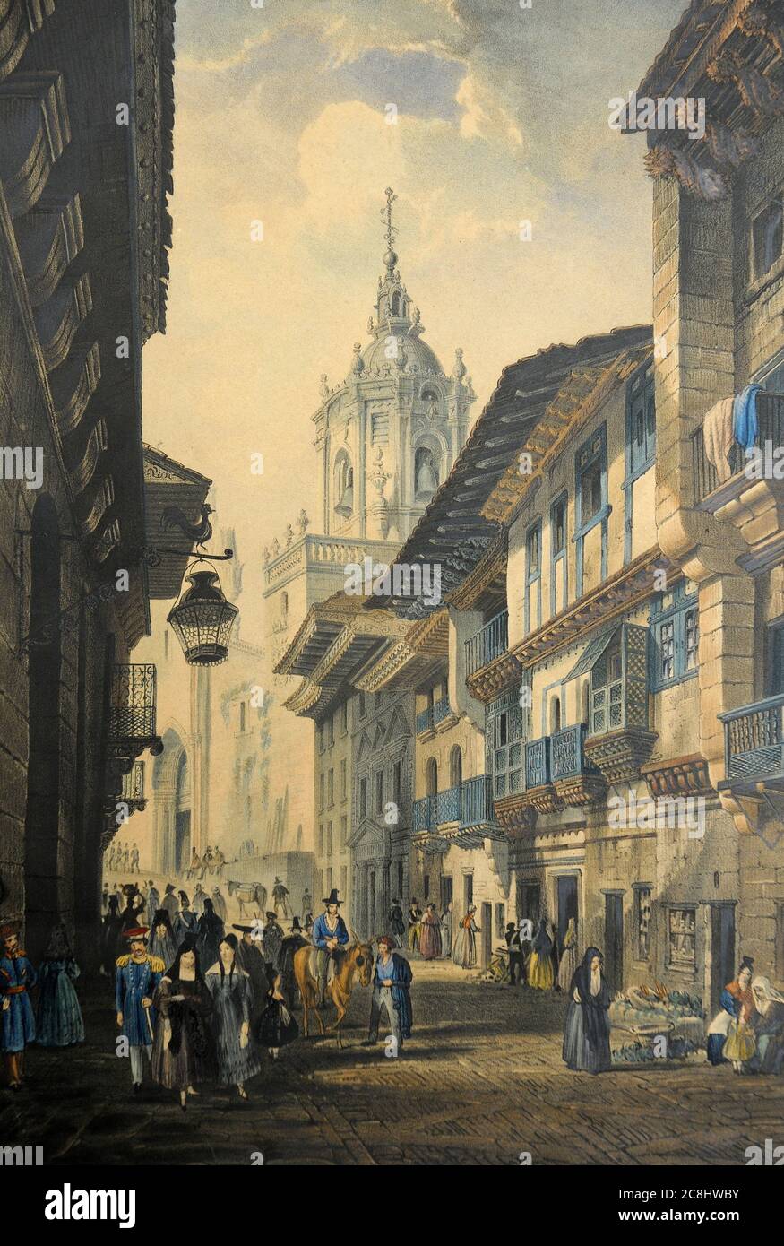 old antique colored engraving of main street of Fuenterrabia, ,Hondarribia, Spain. Stock Photo