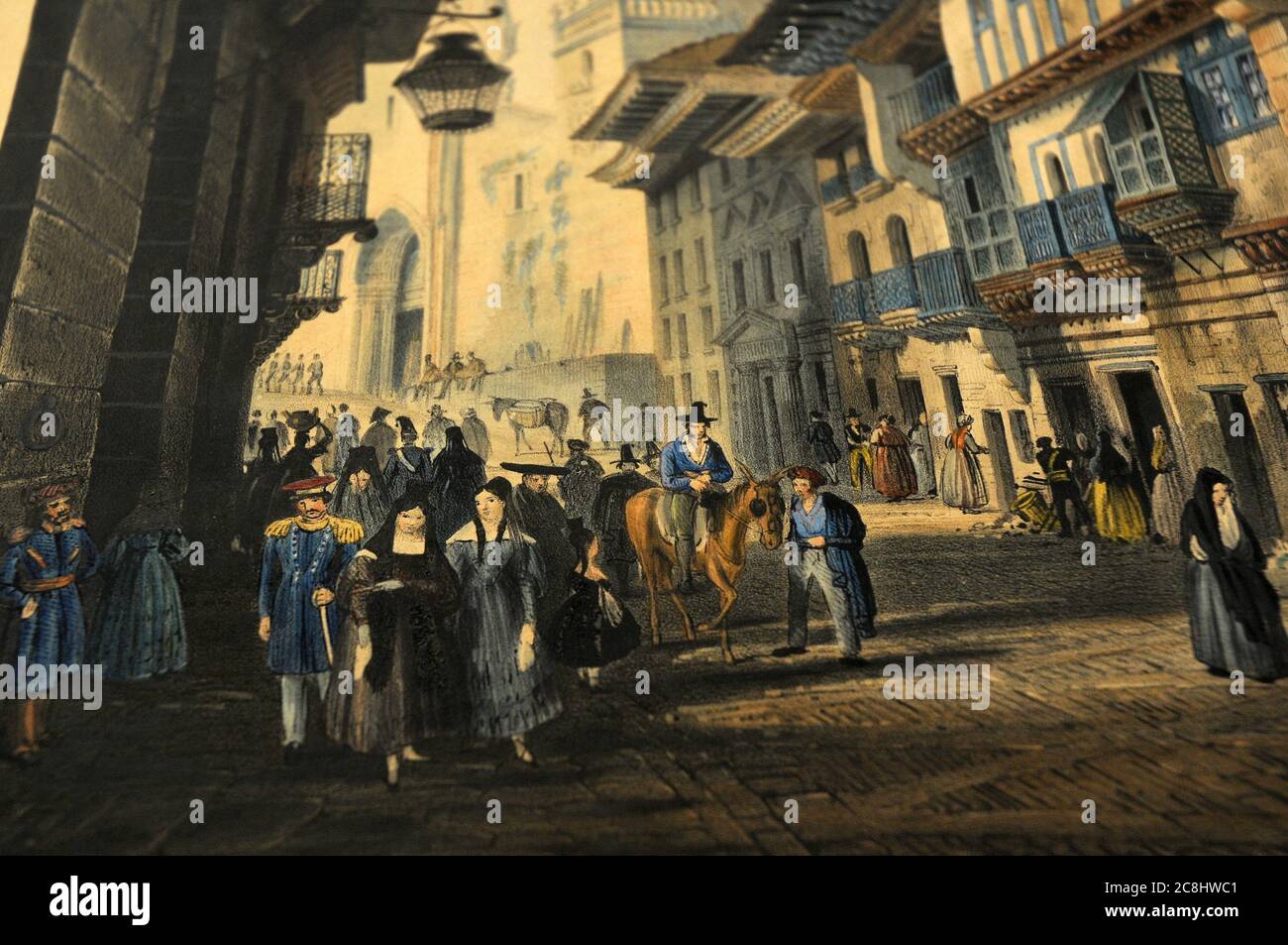 old antique colored engraving of main street of Fuenterrabia,Hondarribia, Spain.spent, used, wasted, old, Stock Photo