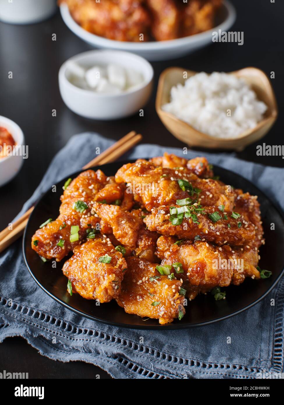 crispy fried korean chicken wings in galbi sauce with pickled radish