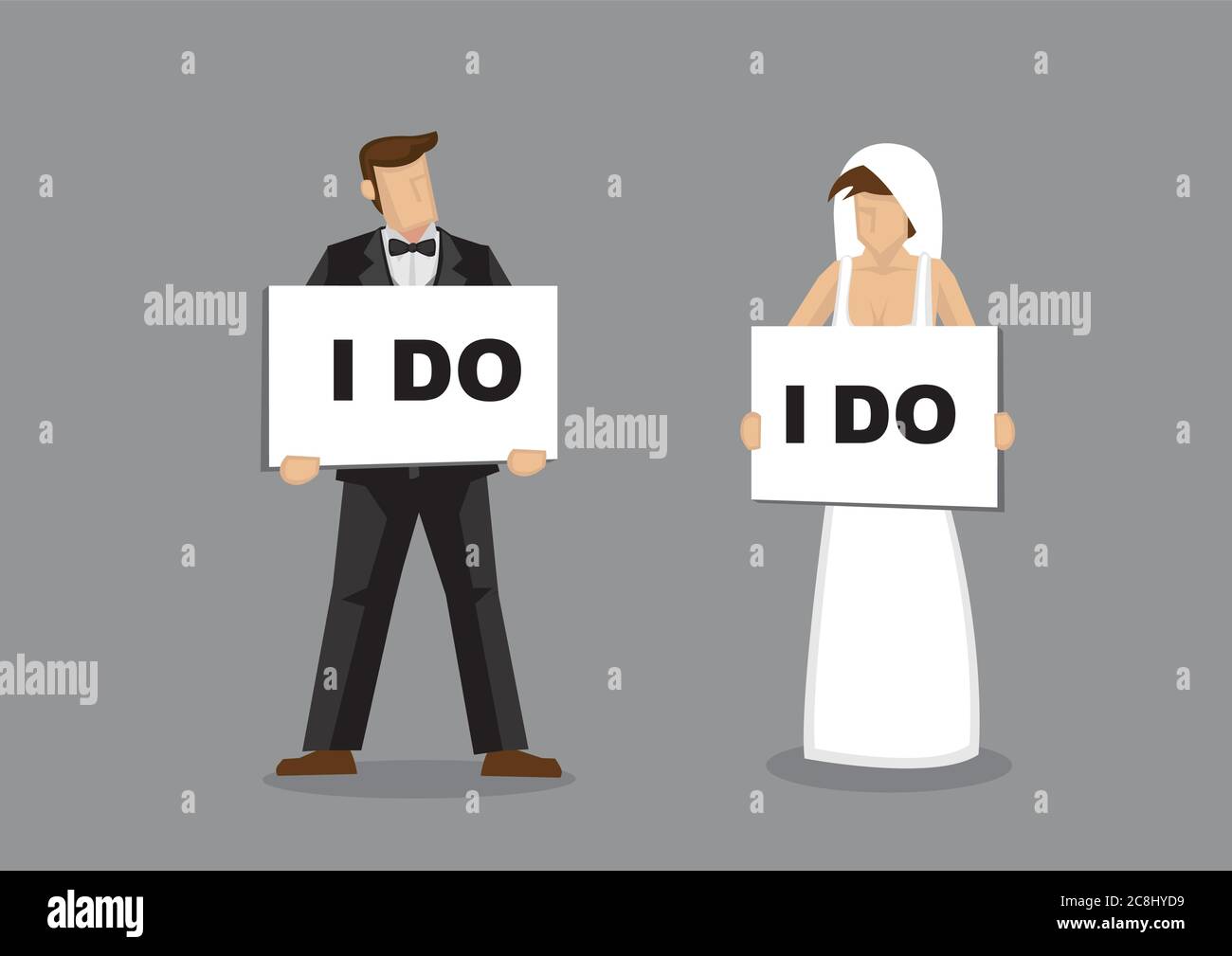 Bride and bridegroom holding placard with text, I Do. Vector cartoon character illustration for wedding and marriage commitment concept. Stock Vector