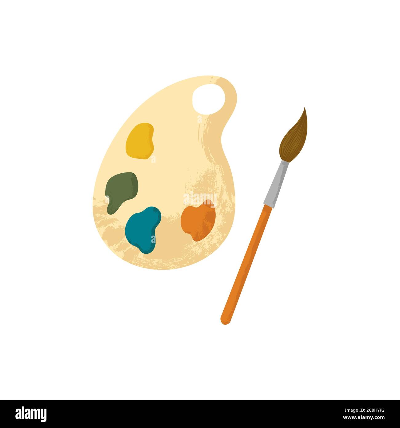 Wooden artist's palette with paints and brush. Vector illustration of cartoon wooden thing with colourful round spots of paints. Flat design with text Stock Vector