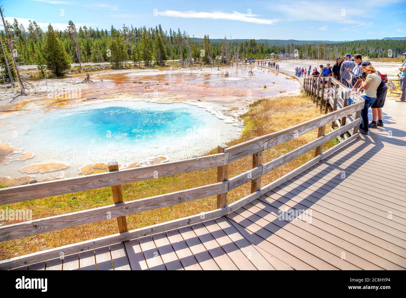 Wyoming, USA - Aug 24, 2019: Visitors at Silex Spring, a hot spring pool in the Lower Geyser Basin of Fountain Paint Pot at Yellowstone National Park. Stock Photo