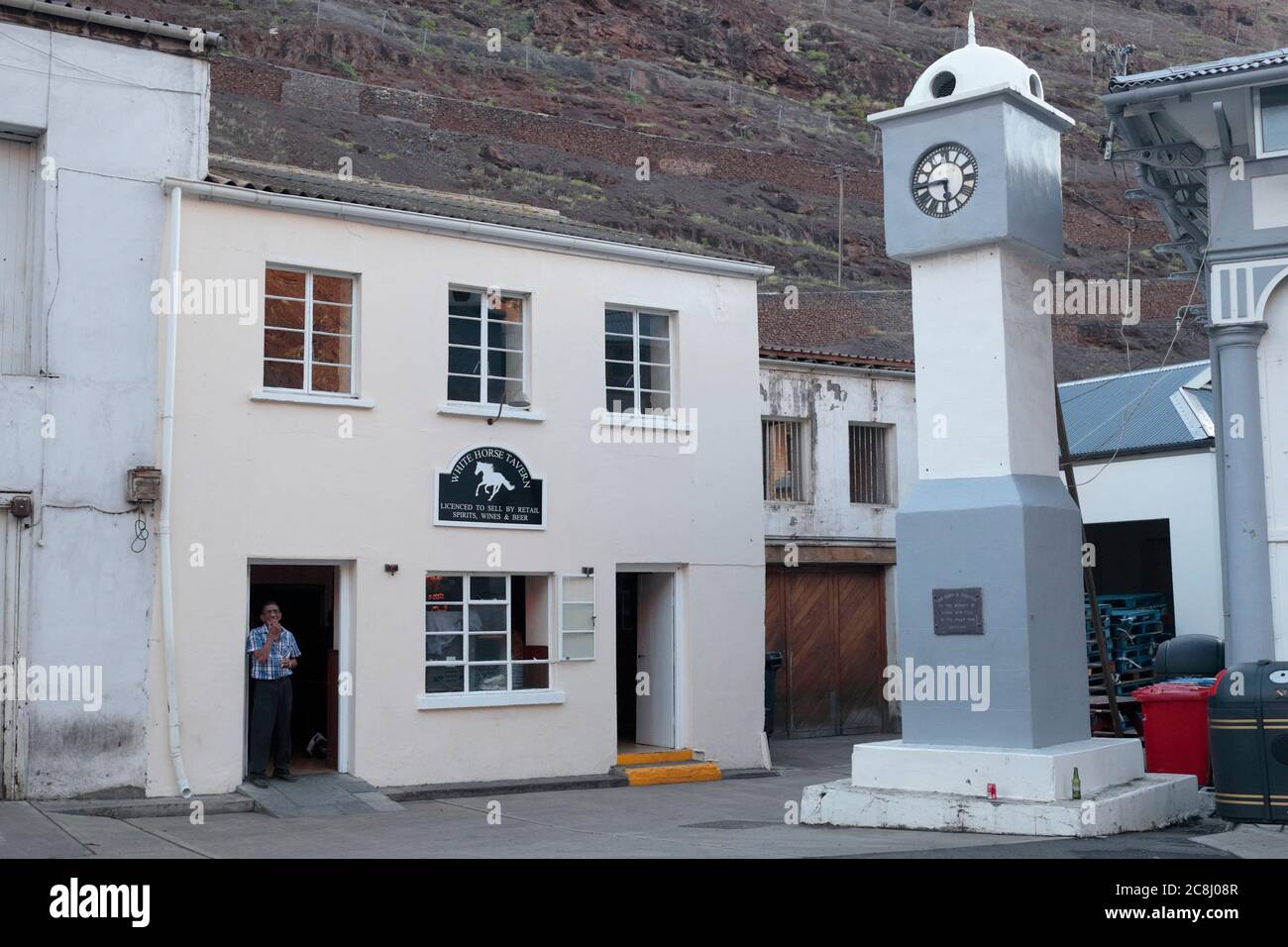 Jamestown, St Helena, street view, White Horse Tavern, clock tower