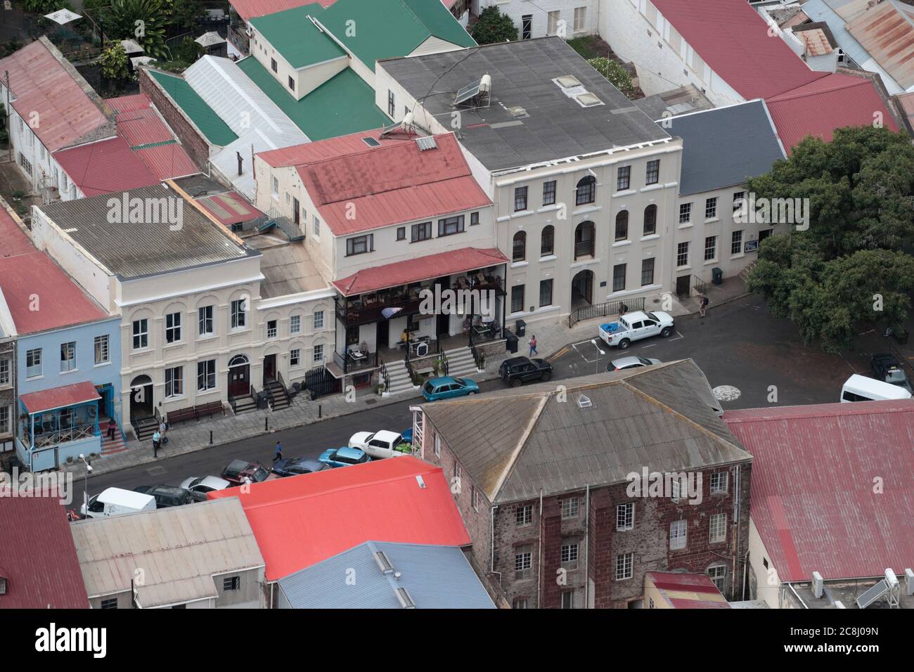 Jamestown, St Helena, view from above of main street and Consulate Hotel, 20th April 2018 Stock