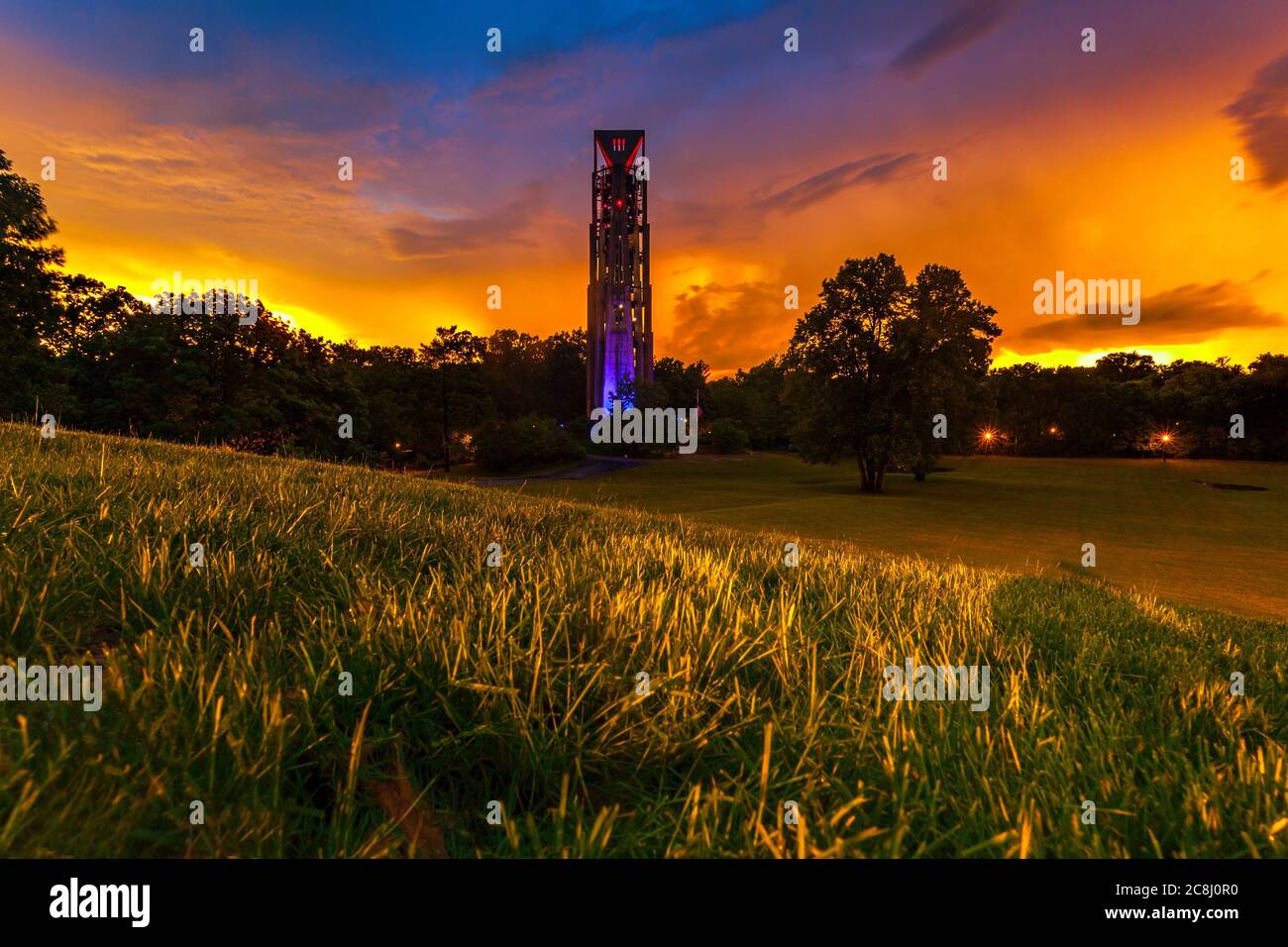 The Carillon bell tower in Naperville just after a storm at dusk Stock Photo