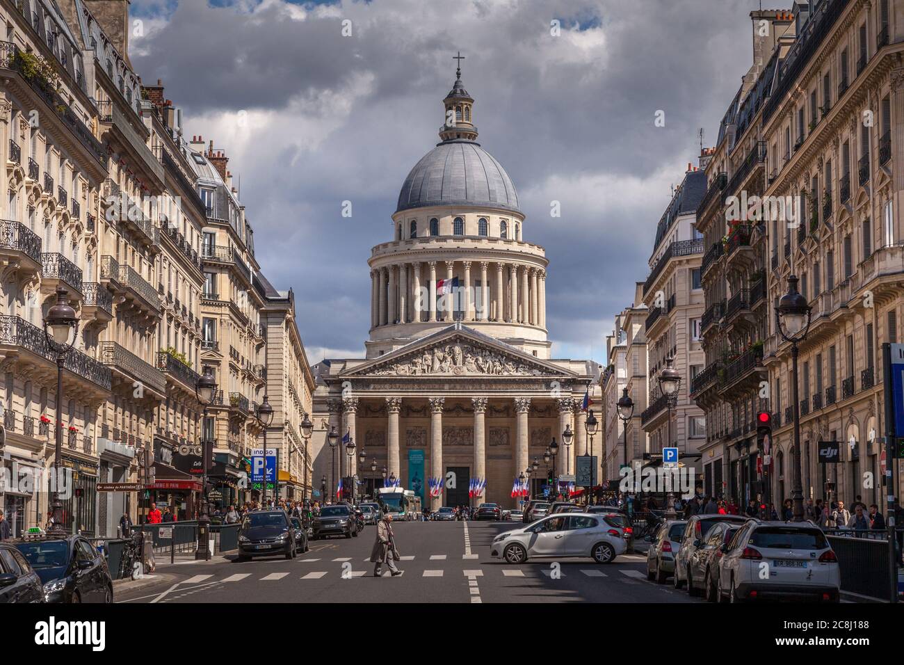 Looking down a street in Paris, France towards the Pantheon Stock Photo