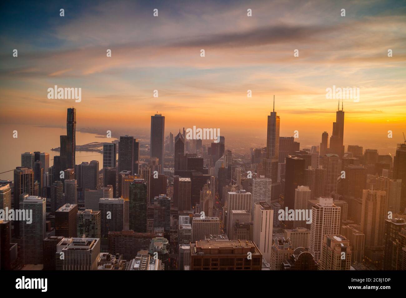 Aerial view of the Chicago skyline just after sinset Stock Photo