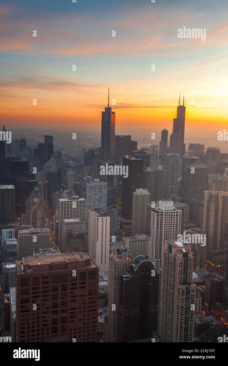 Aerial view of downtown Chicago just after sunset Stock Photo
