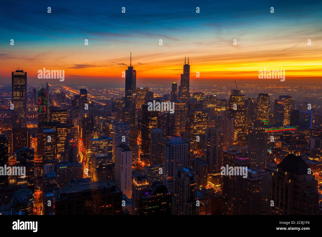 Aerial view of the Chicago skyline just after sinset Stock Photo
