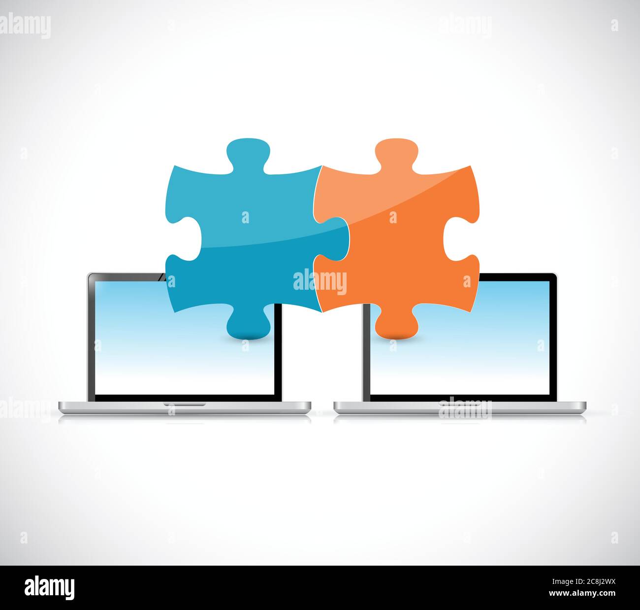 Laptops puzzle pieces illustration design over a white background Stock Vector