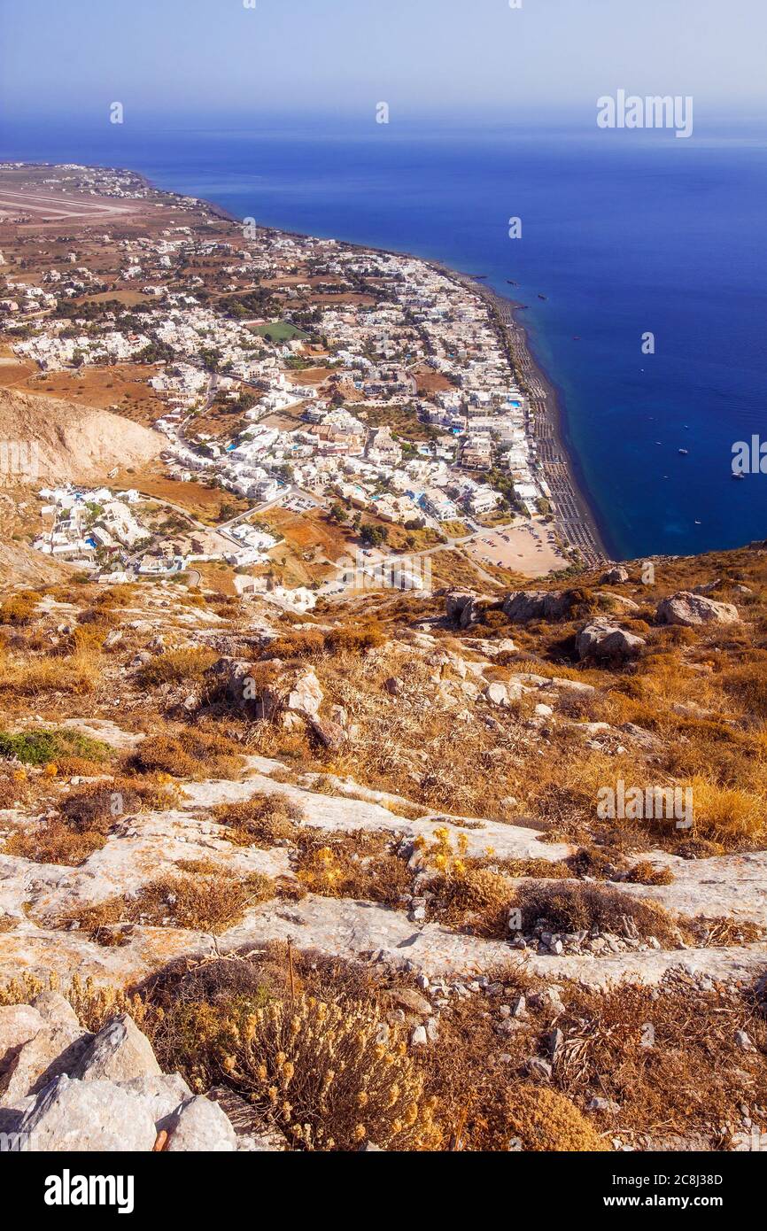 Kamari village as seen from the Ancient Thera ruins, Santorini, Greece Stock Photo