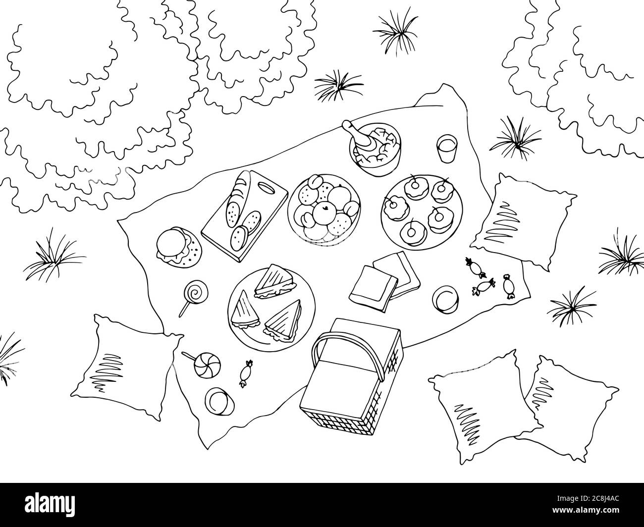 Picnic view from above top graphic black white landscape sketch