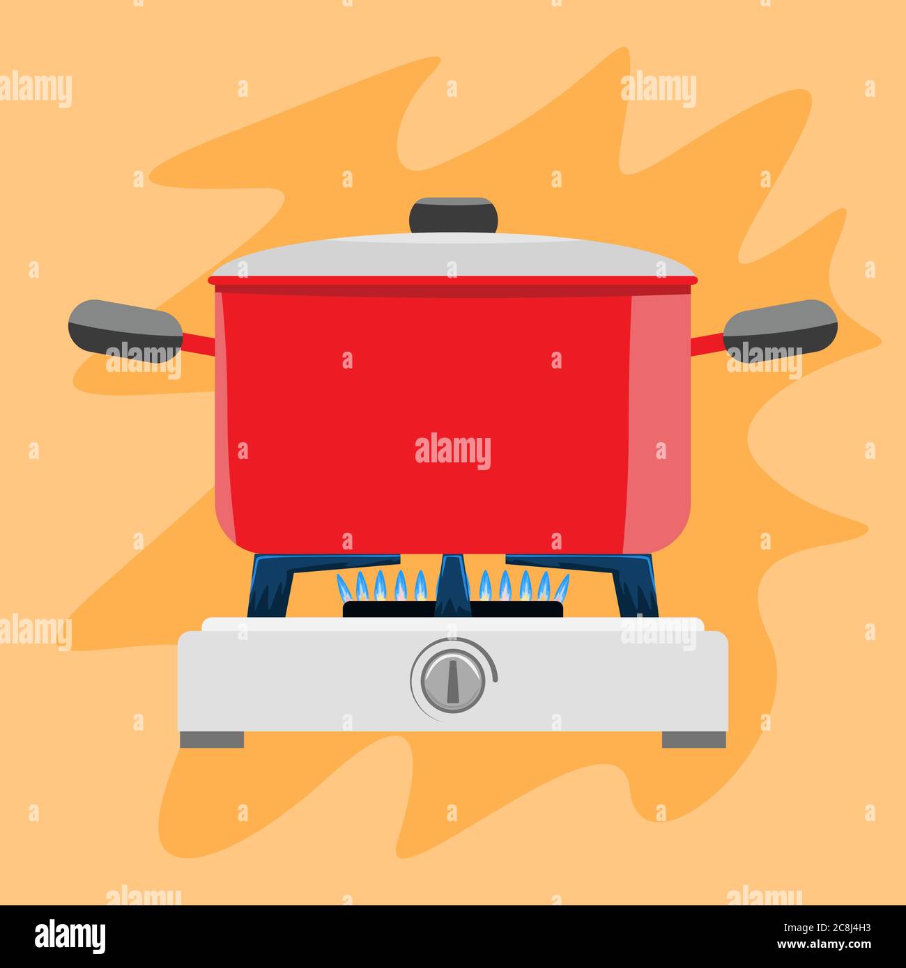 Cooking pot on gas stove. Flat and solid color vector illustration. Stock Vector