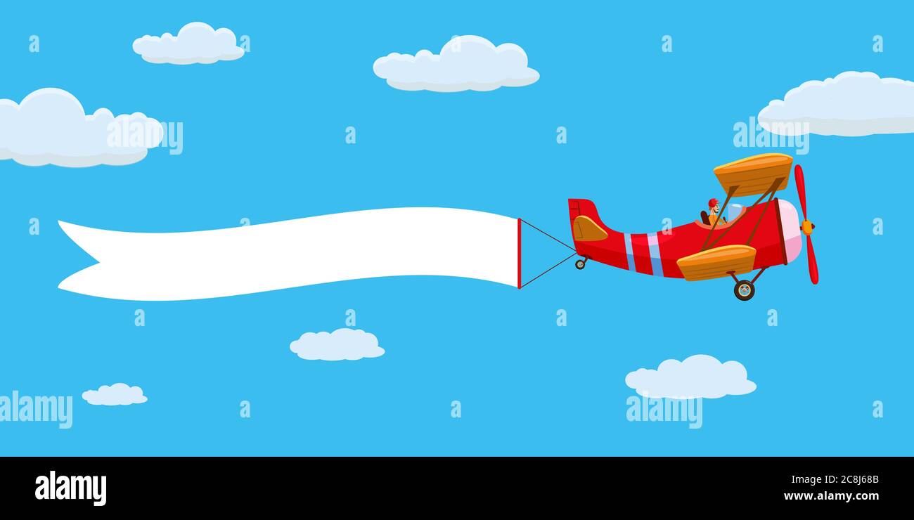 Red retro airplane aircraft with advertising banner ribbon in the cloudy sky. Vector isolated illustration Stock Vector