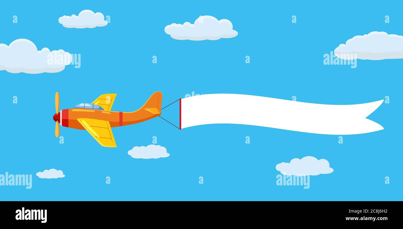 Speed airplane aircraft with advertising banner ribbon in the cloudy sky. Vector isolated illustration Stock Vector