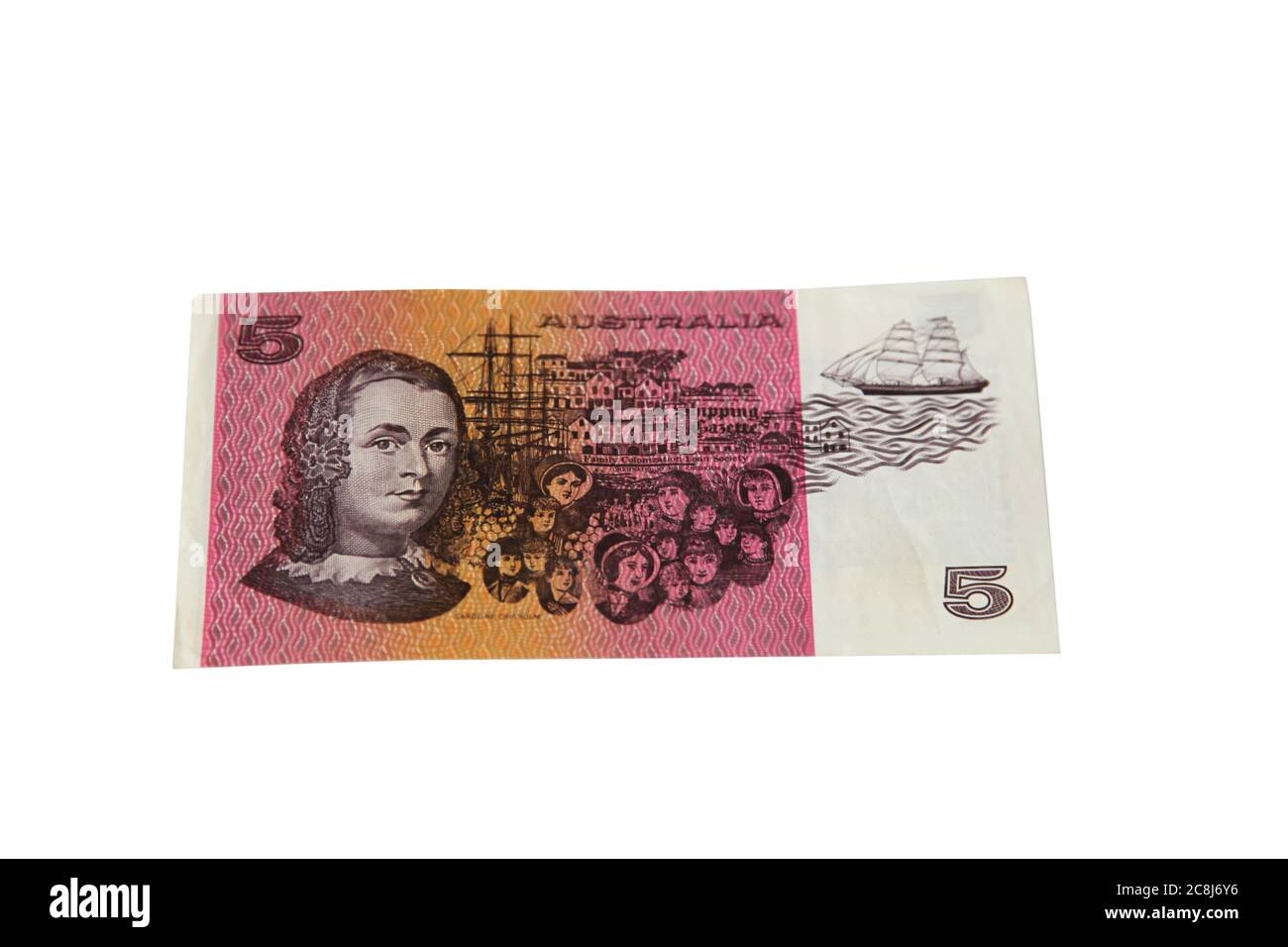 An old paper Australian five dollar note isolated on white. This note was removed from circulation starting in 1992. Stock Photo