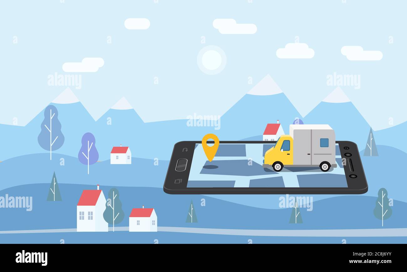 Delivery Van Express concept. Checking delivery service app on mobile