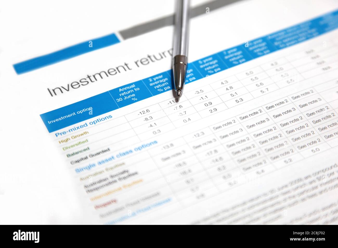 An investment returns statement with ball point pen. Note shallow depth of field, focus on ball point pen. Stock Photo