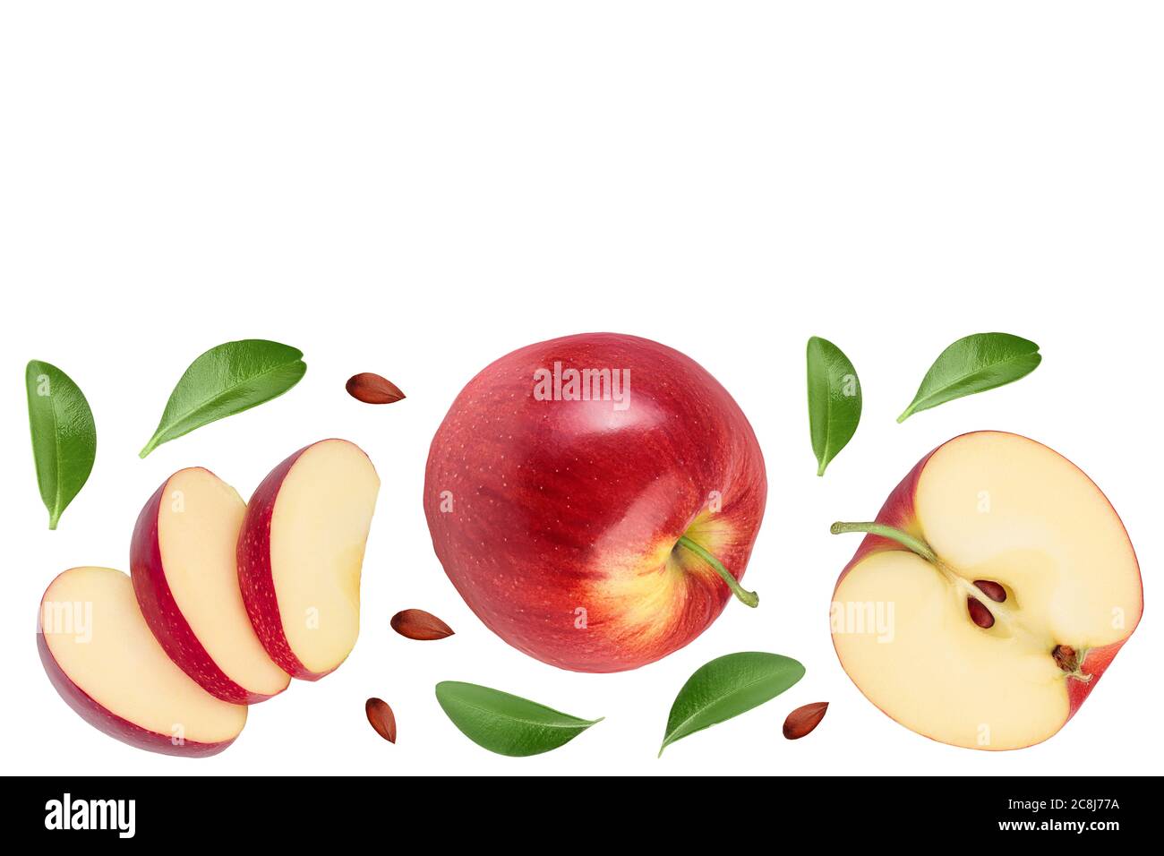 Red apple with slices isolated on white background. Top view. Flat lay with copy space for your text Stock Photo