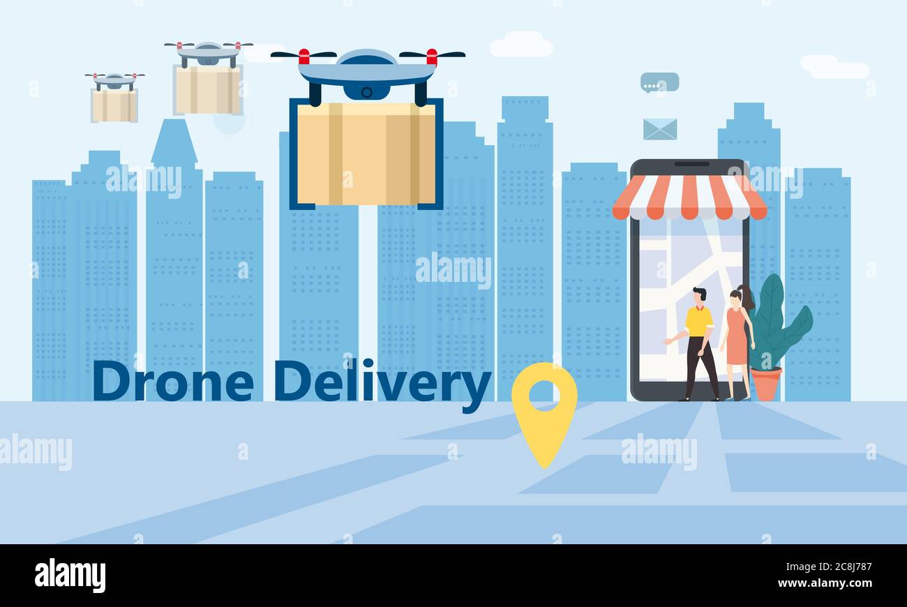 Concept of delivery of the drone flies with the mail, the delivery of parcels. Tiny people stand near a huge smartphone, order a product. Landing Stock Vector