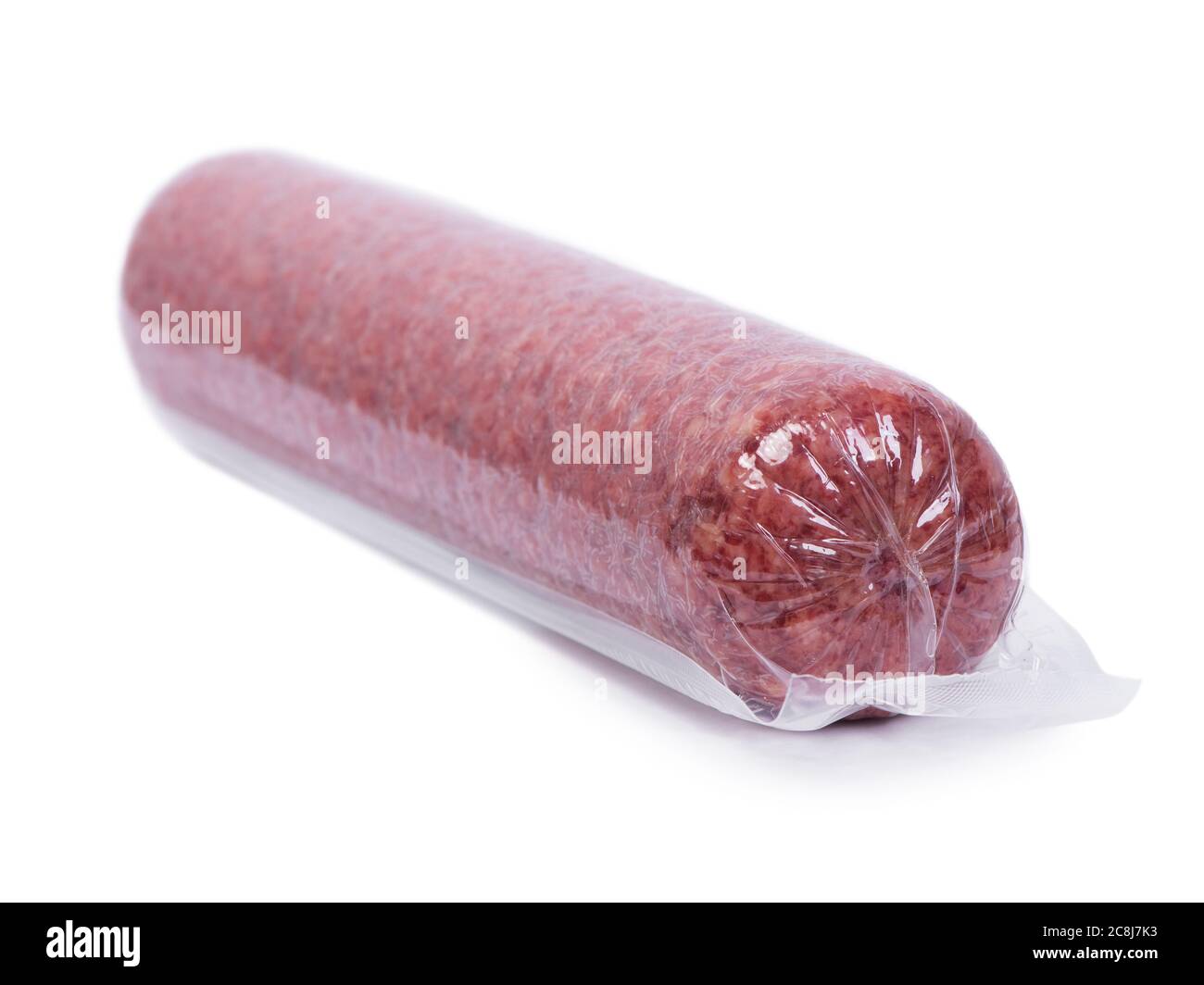 Vacuum packed salami sausage isolated on white background Stock Photo Alamy