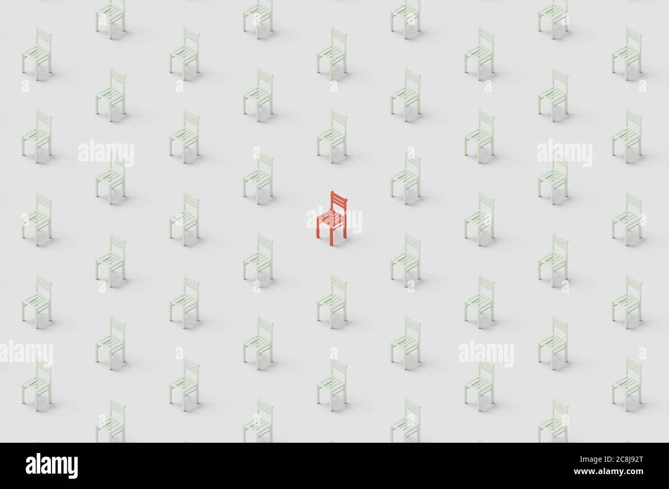 Seamless white chairs minimal pattern with one red seat, social distancing coronavirus individuality concept 3D rendering Stock Photo