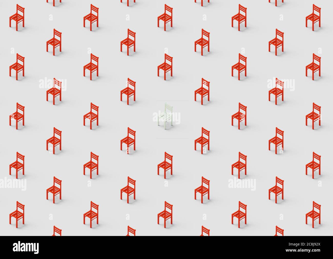 A group of red chairs isometric pattern with one white chair 3d illustration Stock Photo