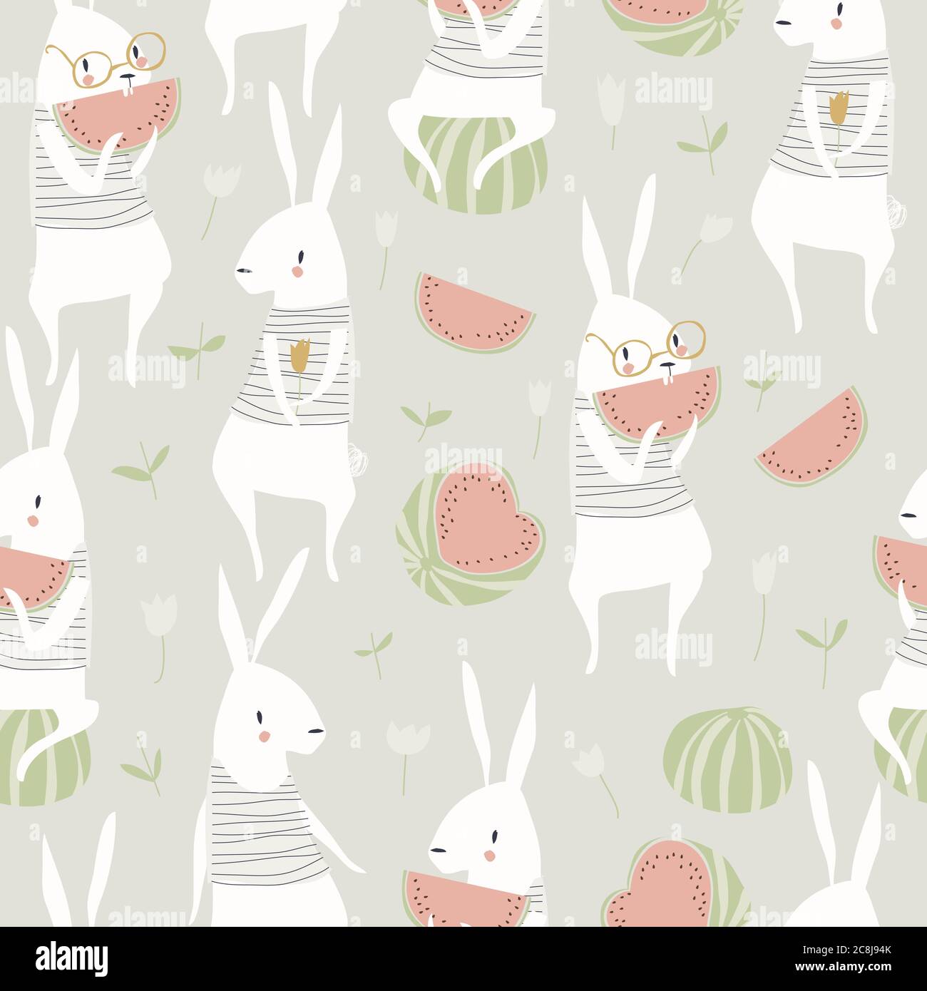 Seamless pattern with cute rabbits and watermelon Stock Vector