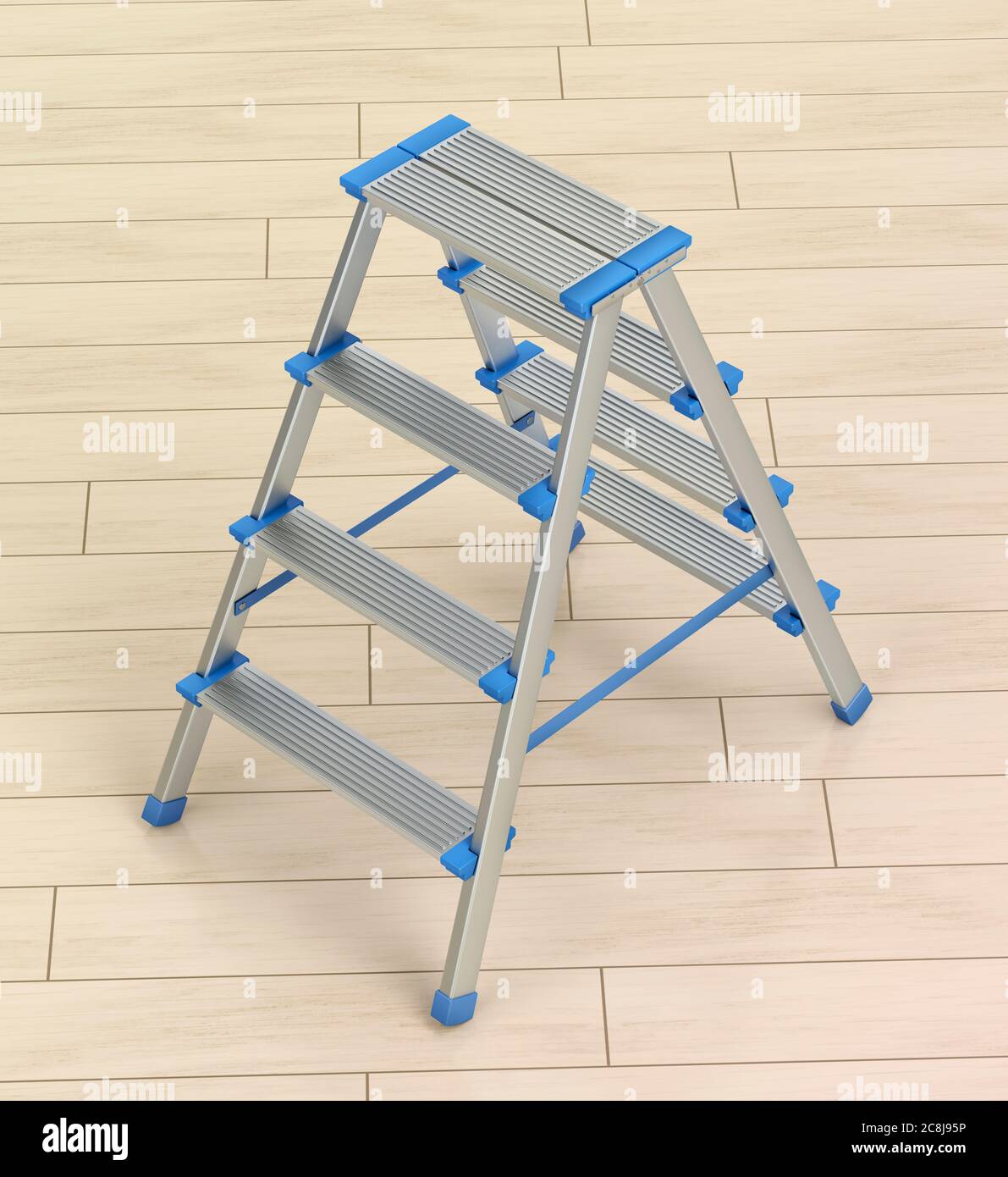 Small aluminum ladder on wooden floor Stock Photo